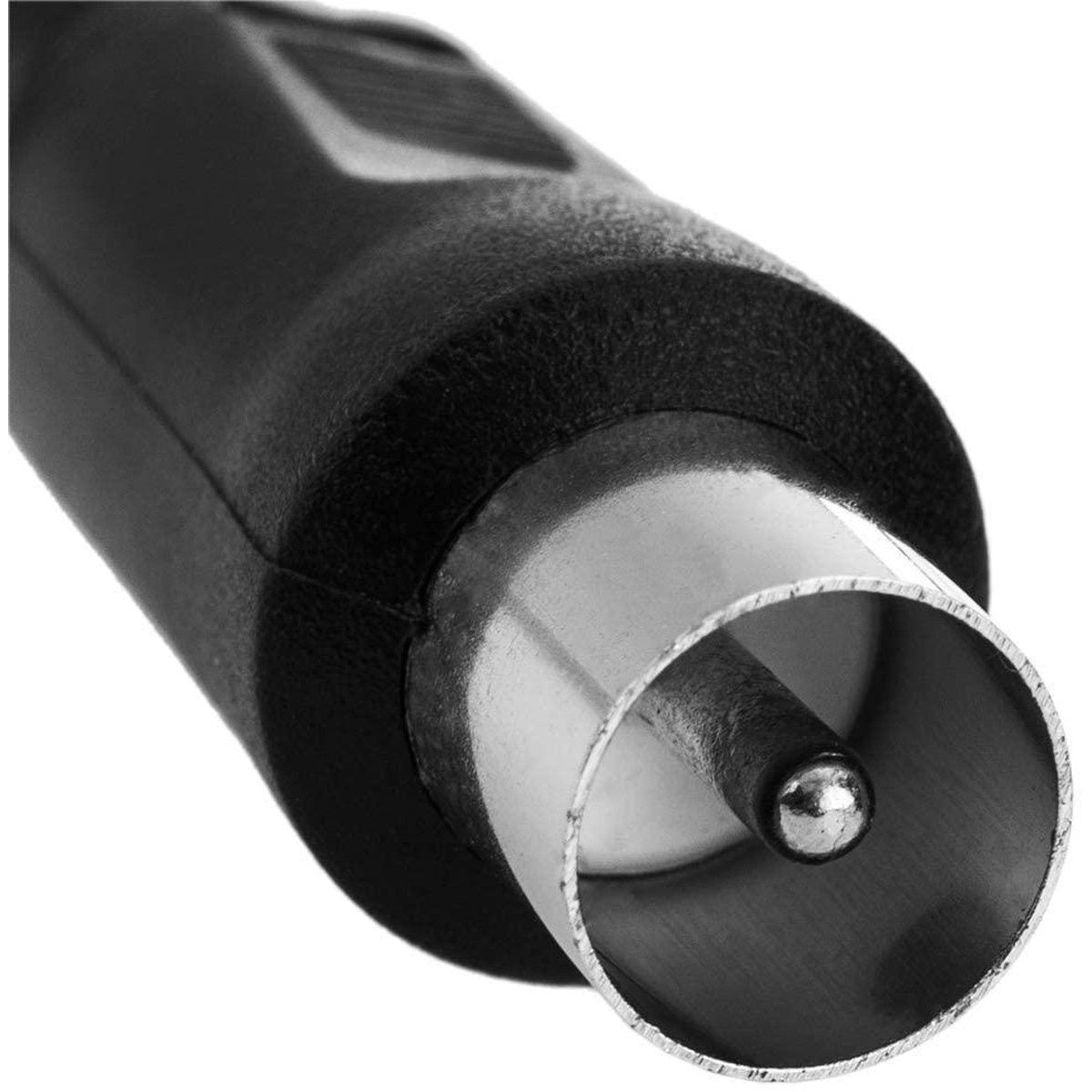 Close-up of a black coaxial cable connector. A silver metal tube with a small silver pin inside.