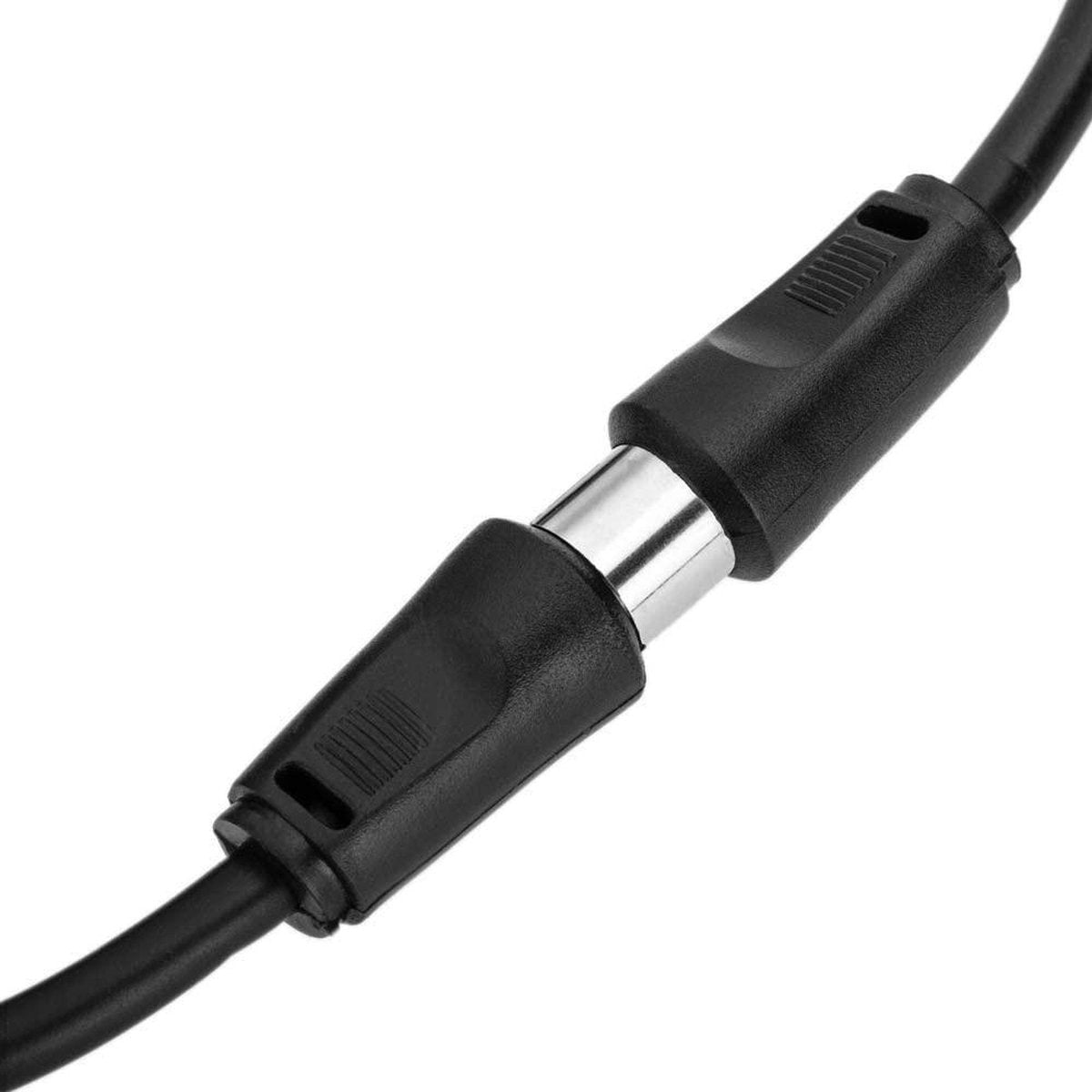 Close-up of two black connectors joined by a silver metal part. The connectors are connected by a black cable.