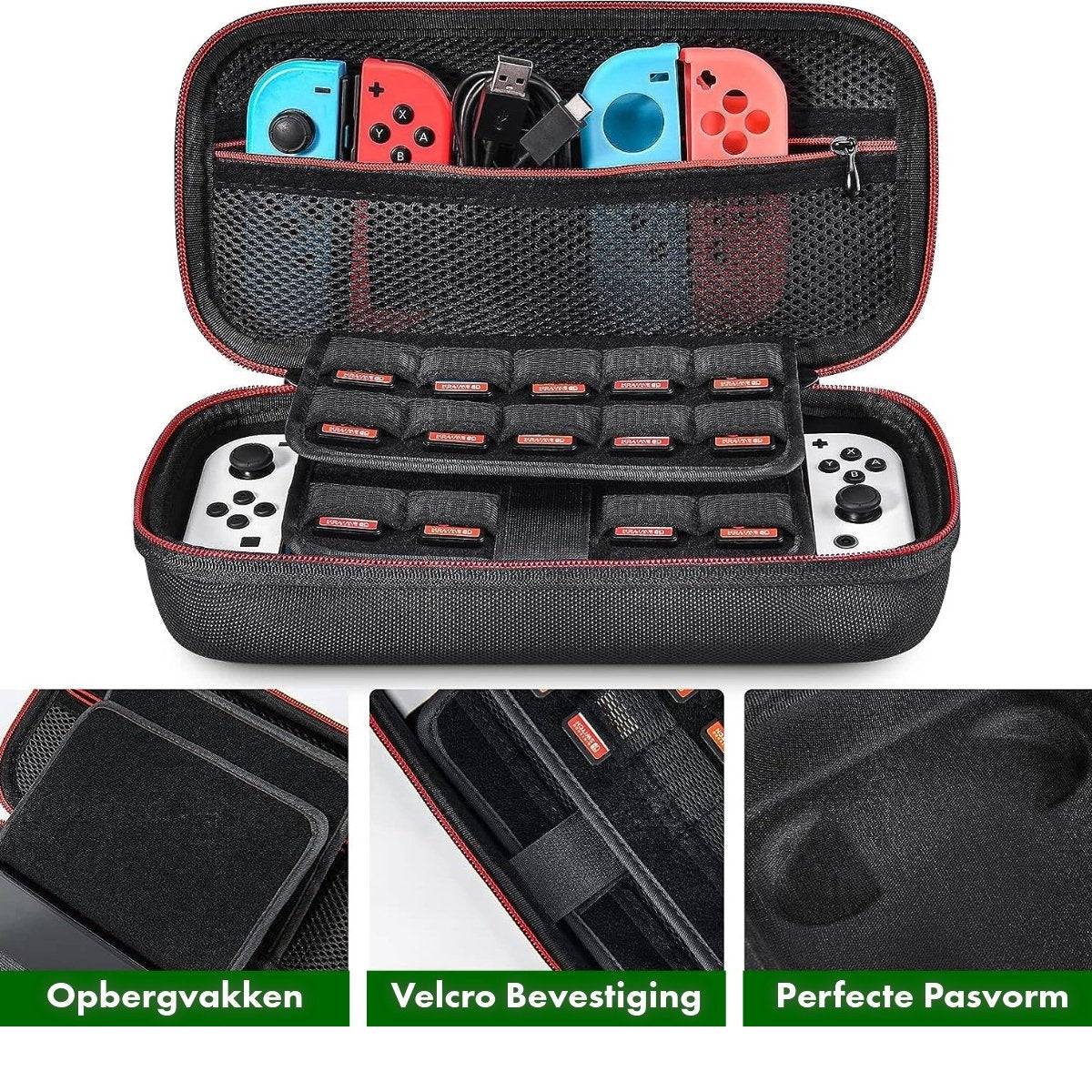Zwarte Switch case open, met controllers, gamekaarten en accessoires. Rode rits en voering. Onderkant toont opslagdetails.
