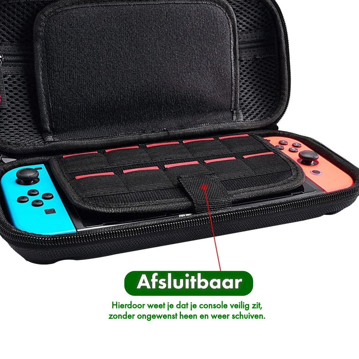 Open zwarte Switch-hoes met blauwe en oranje controllers erin. De hoes heeft rode bandjes. Tekst zegt: 'Afsluitbaar' en details over de veiligheid van de console.