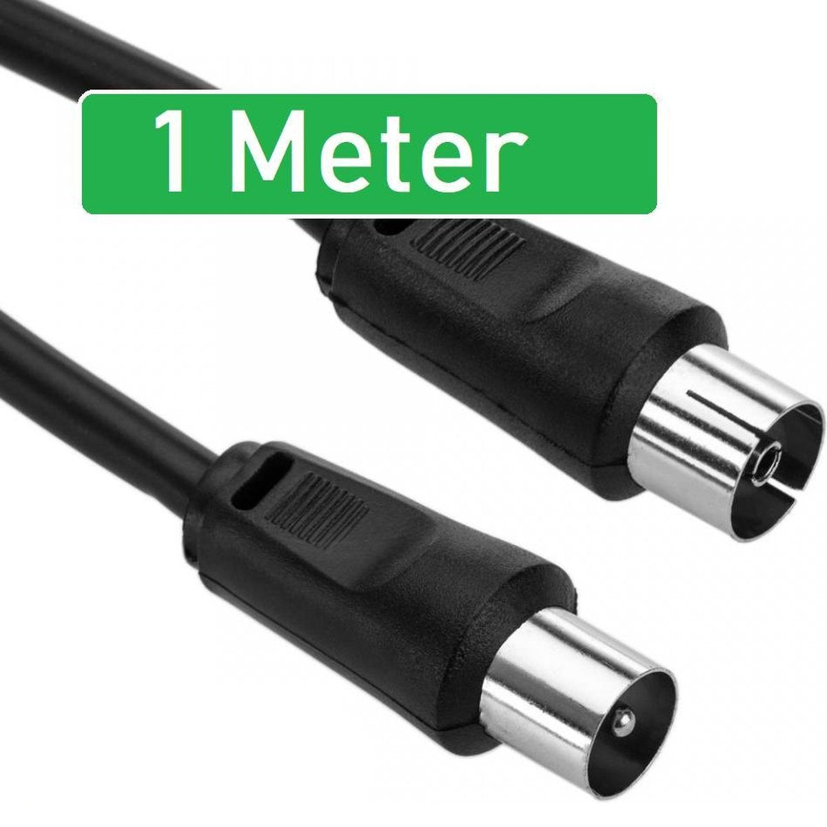 Two black coaxial cables with silver connectors. A green label reads '1 Meter'.