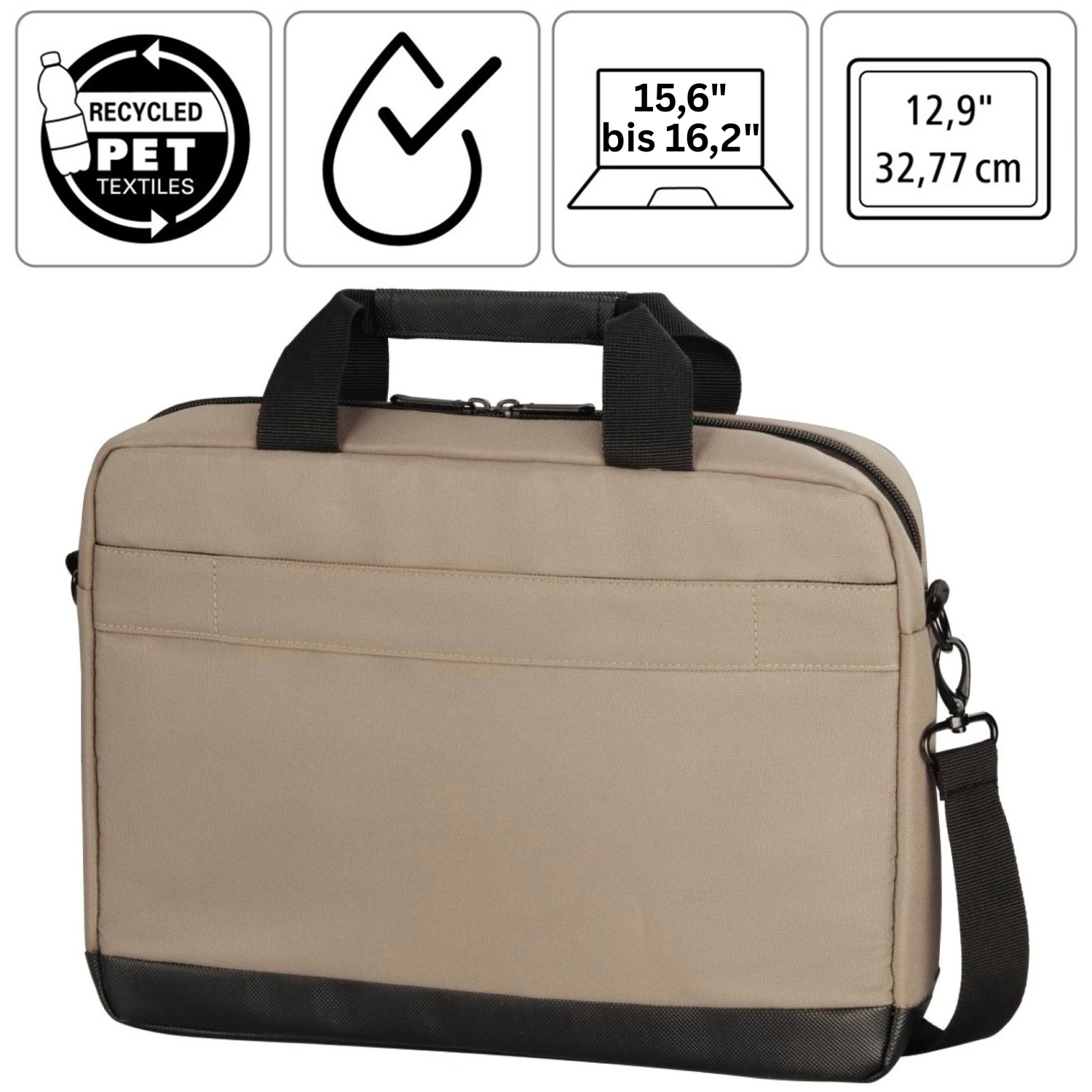 Eine beige Laptoptasche mit schwarzen Akzenten. Enthält Logos für recycelte Materialien, Größenangaben und ein Häkchensymbol.