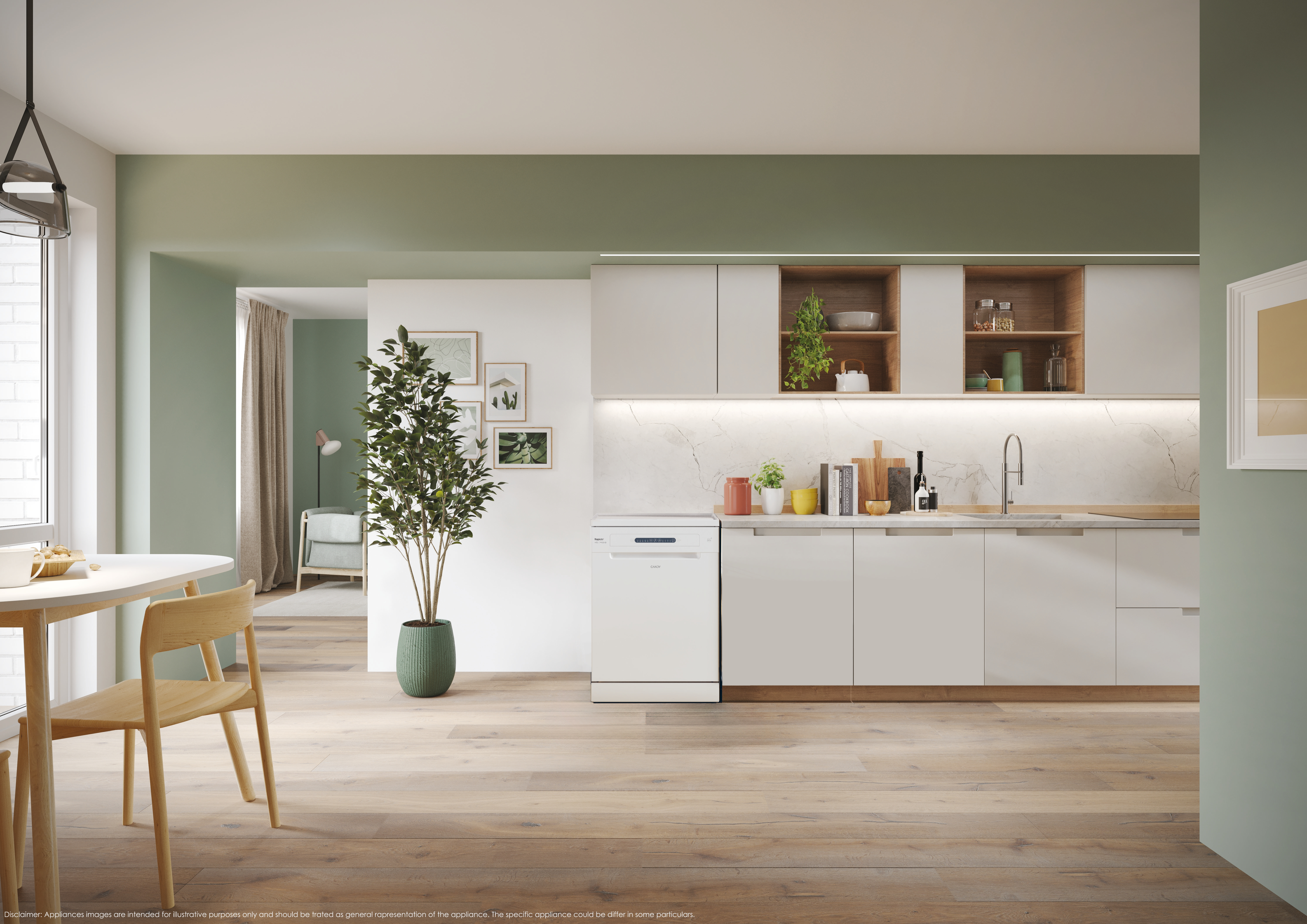 Cucina moderna con lavastoviglie, pavimento in legno e armadi bianchi. Sono visibili una grande pianta e un tavolo da pranzo.