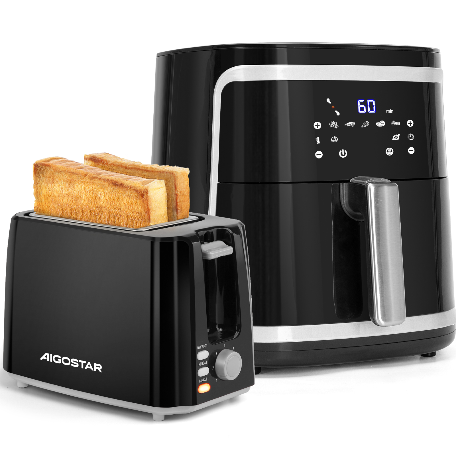 Una tostadora negra con pan tostado y una freidora de aire negra con pantalla digital. La tostadora tiene la marca AIGOSTAR.
