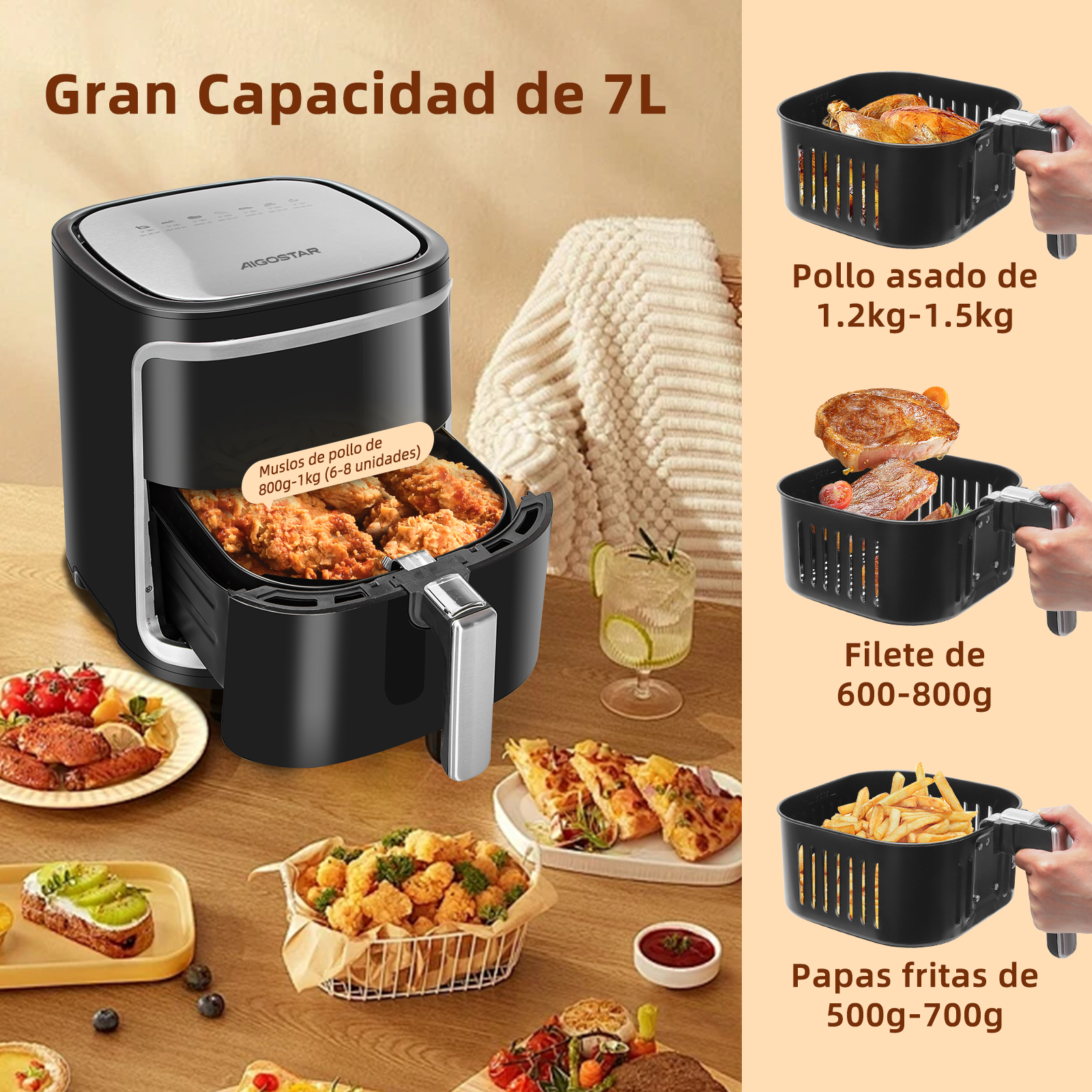 Una freidora de aire con ejemplos de comida. Texto: Gran Capacidad de 7L. Comida mostrada: pollo, bistec y patatas fritas.