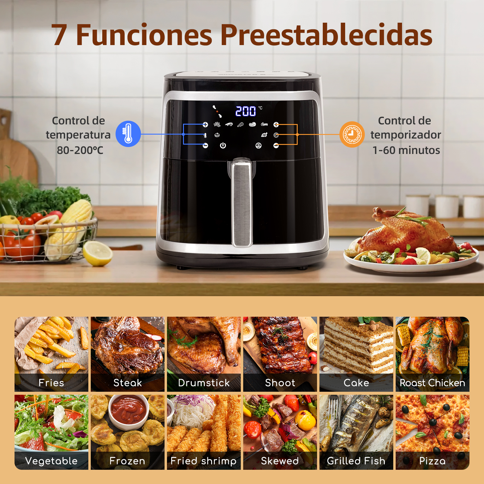 Una freidora de aire con pantalla digital que muestra la temperatura. Debajo hay imágenes de alimentos como papas fritas, bistec y pizza.