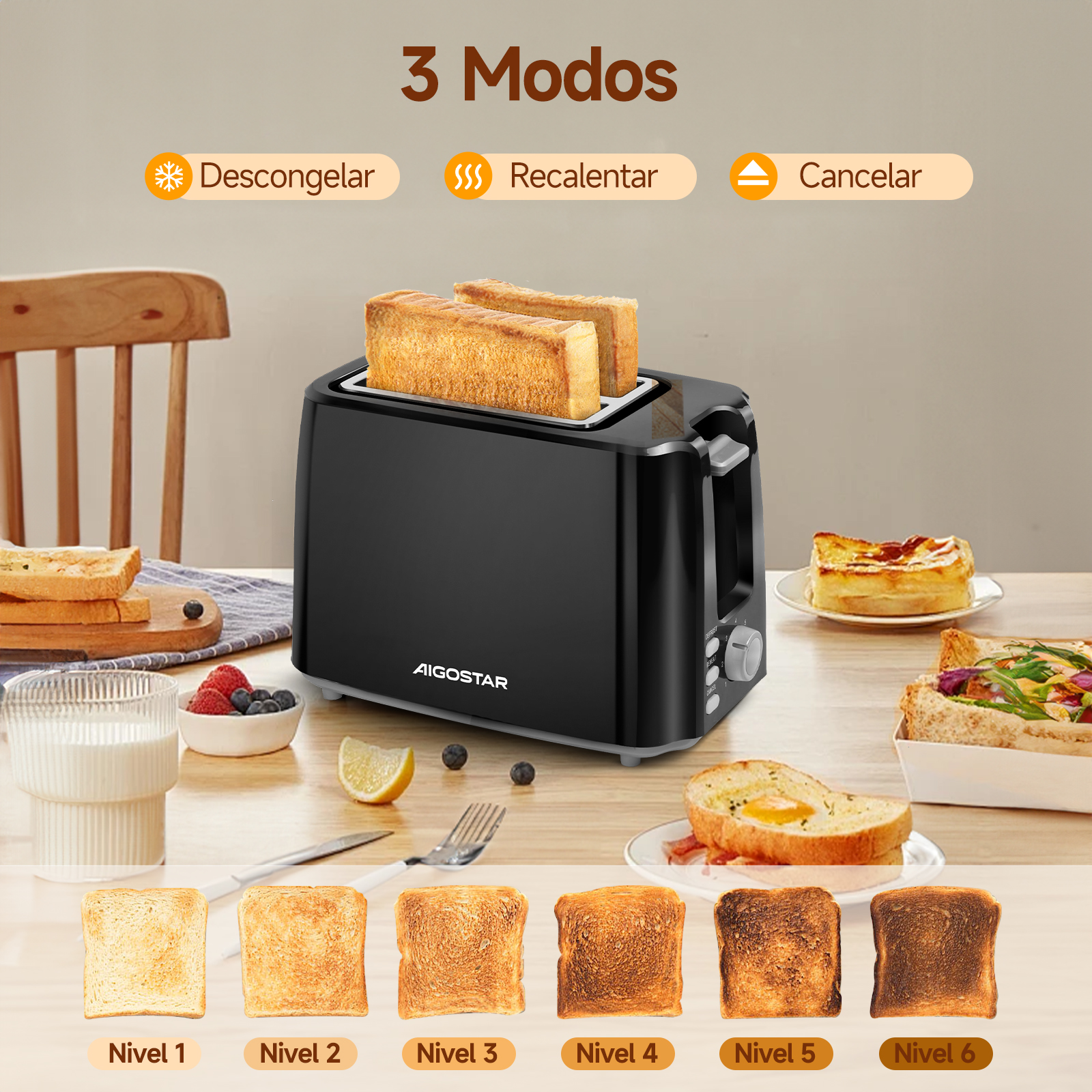 Una tostadora negra con tostadas, alimentos como bayas y muestras de tostadas. El texto superior dice '3 Modos' y opciones de configuración.