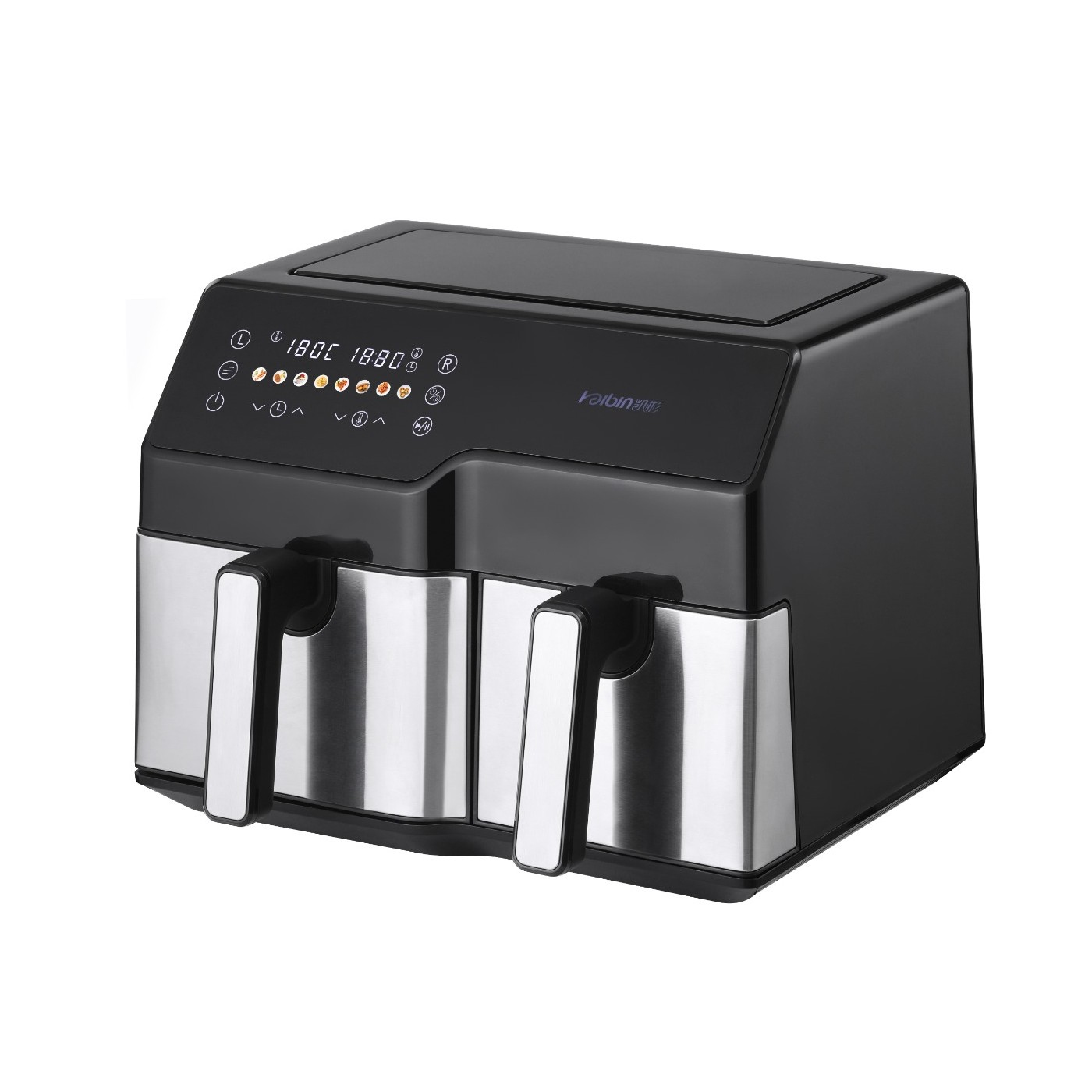 Czarna i srebrna frytkownica powietrzna z cyfrowym wyświetlaczem. Ma dwa przedziały z uchwytami. Tło jest białe.