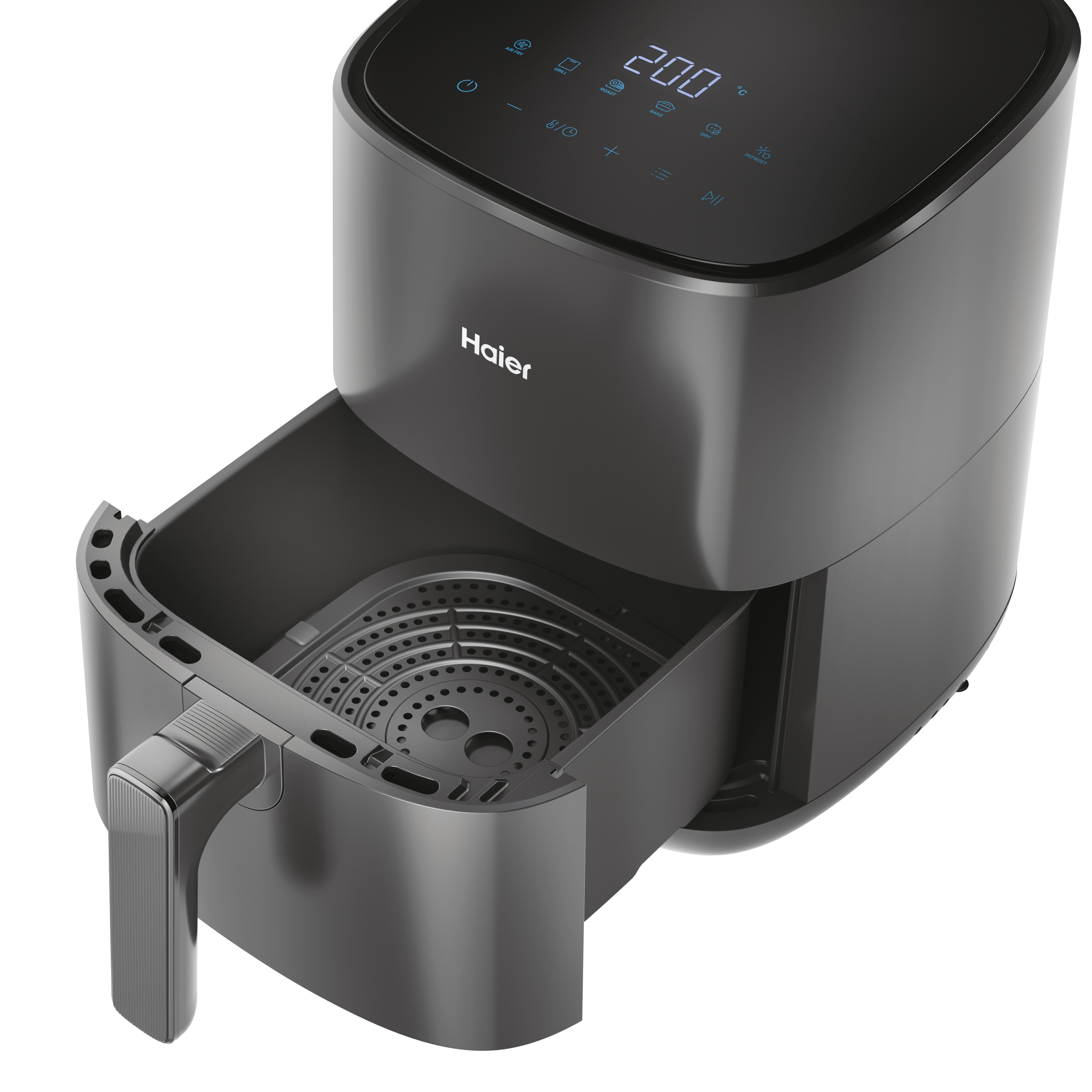 Friggitrice ad aria Haier nera con cestello aperto. Il display digitale mostra 200 gradi. Maniglia e comandi visibili.