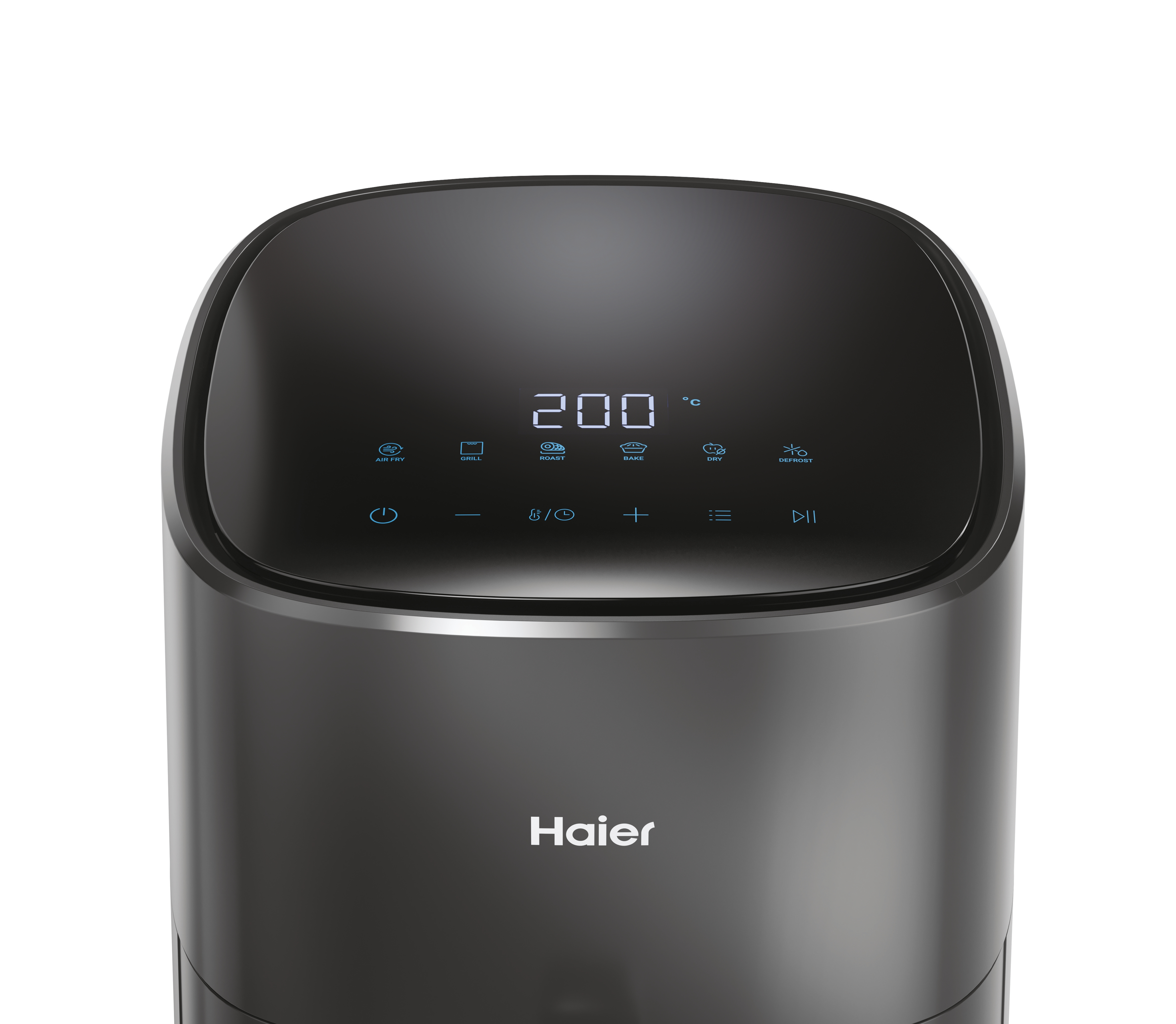 Una friggitrice ad aria Haier nera con display digitale che mostra 200 gradi. Comandi per friggere, grigliare, arrostire, cuocere, asciugare e scongelare.
