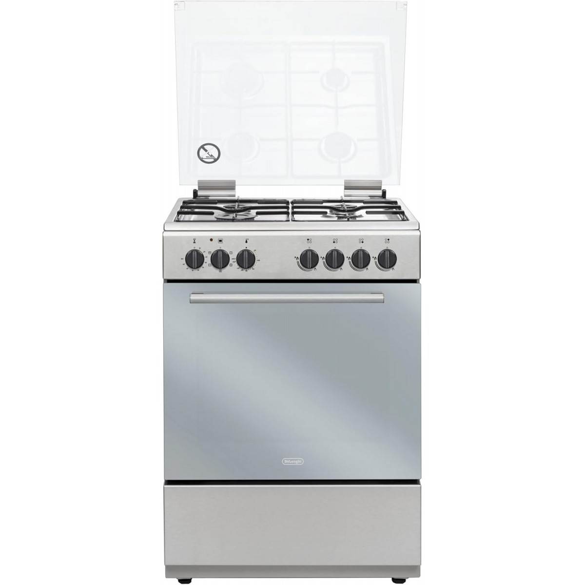 Un fornello a gas in acciaio inossidabile con coperchio in vetro. Sono visibili quattro fuochi. Ha una porta del forno.