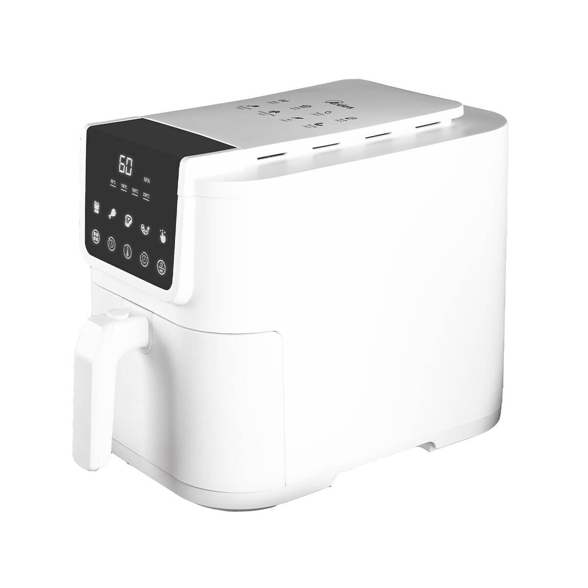 Biała frytkownica powietrzna z cyfrowym wyświetlaczem pokazującym 60 minut. Posiada uchwyt i panel sterowania z kilkoma ikonami.