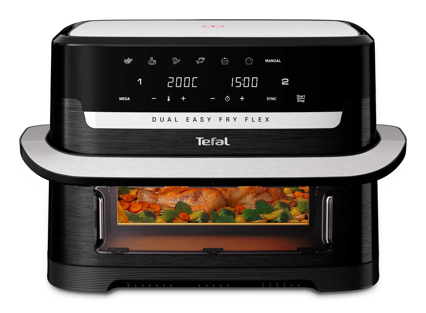 Czarna i srebrna frytkownica beztłuszczowa Tefal Dual Easy Fry Flex. Wyświetlacz pokazuje 200C i 15:00 z jedzeniem w środku.