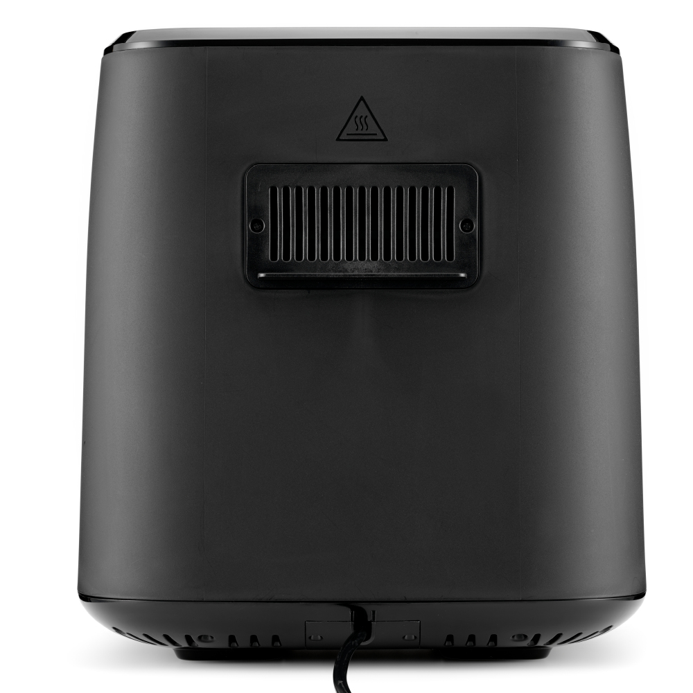 Une friteuse à air noire avec une ventilation et un symbole de chaleur. Le cordon d'alimentation est visible en bas.