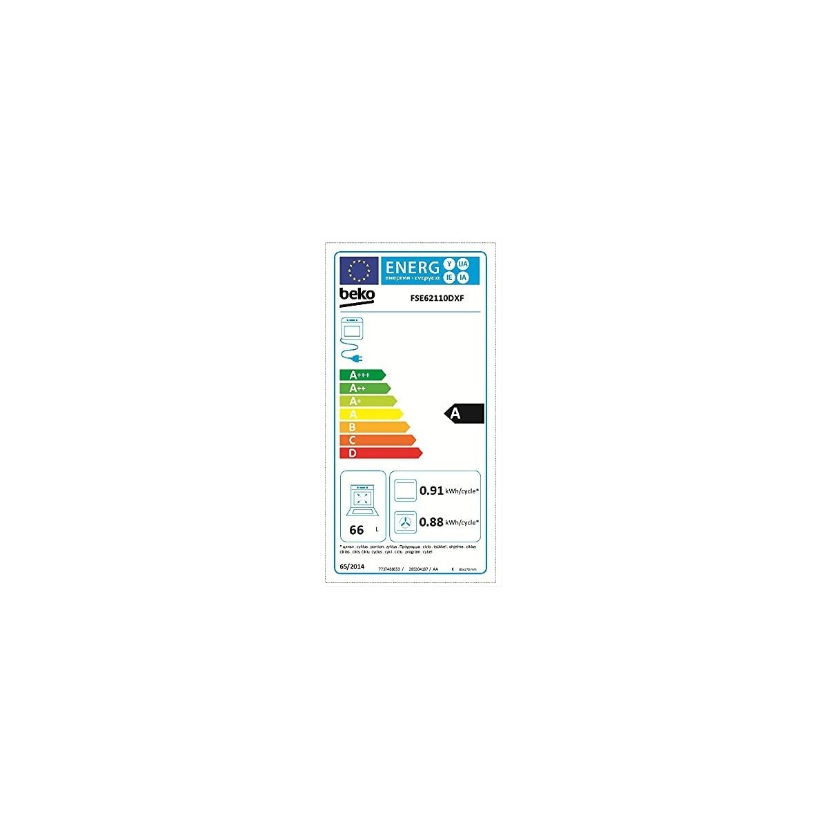 Etichetta energetica per un elettrodomestico Beko, classe A, con dettagli su consumo energetico e capacità.