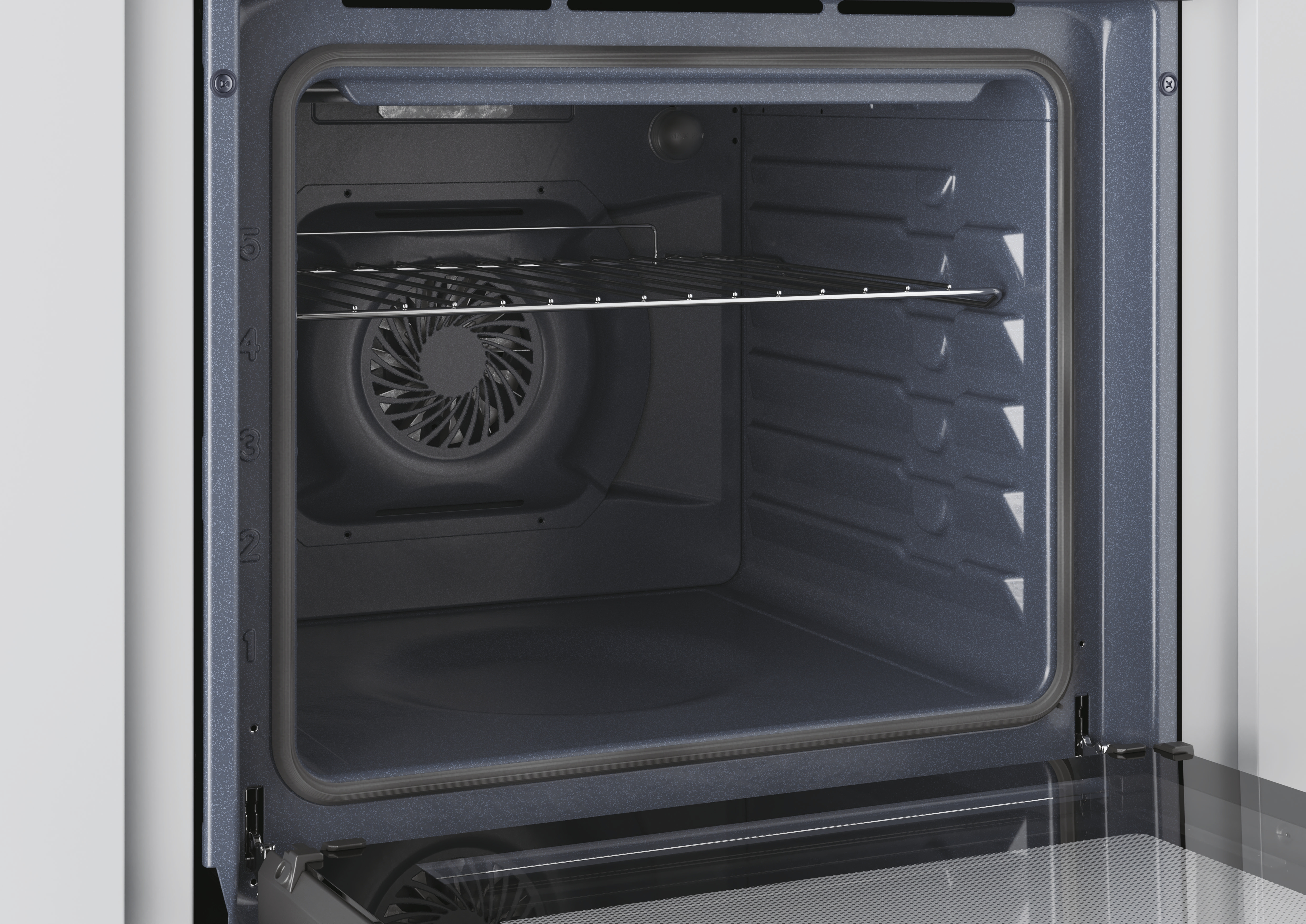 Interno forno aperto con griglia, ventola e numeri 1-5 sul lato. Interno grigio con esterno grigio chiaro.
