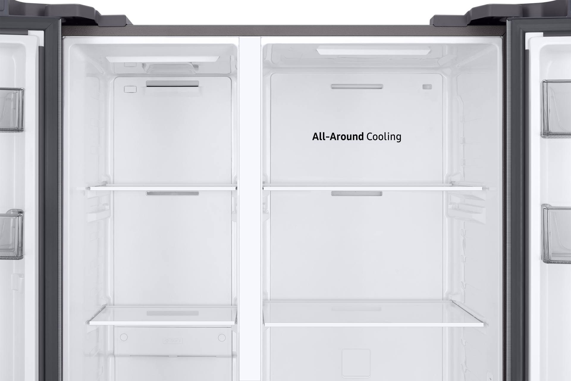 Een open, lege koelkast met planken, laden en de tekst 'All-Around Cooling'. Wit interieur, donkergrijs frame.