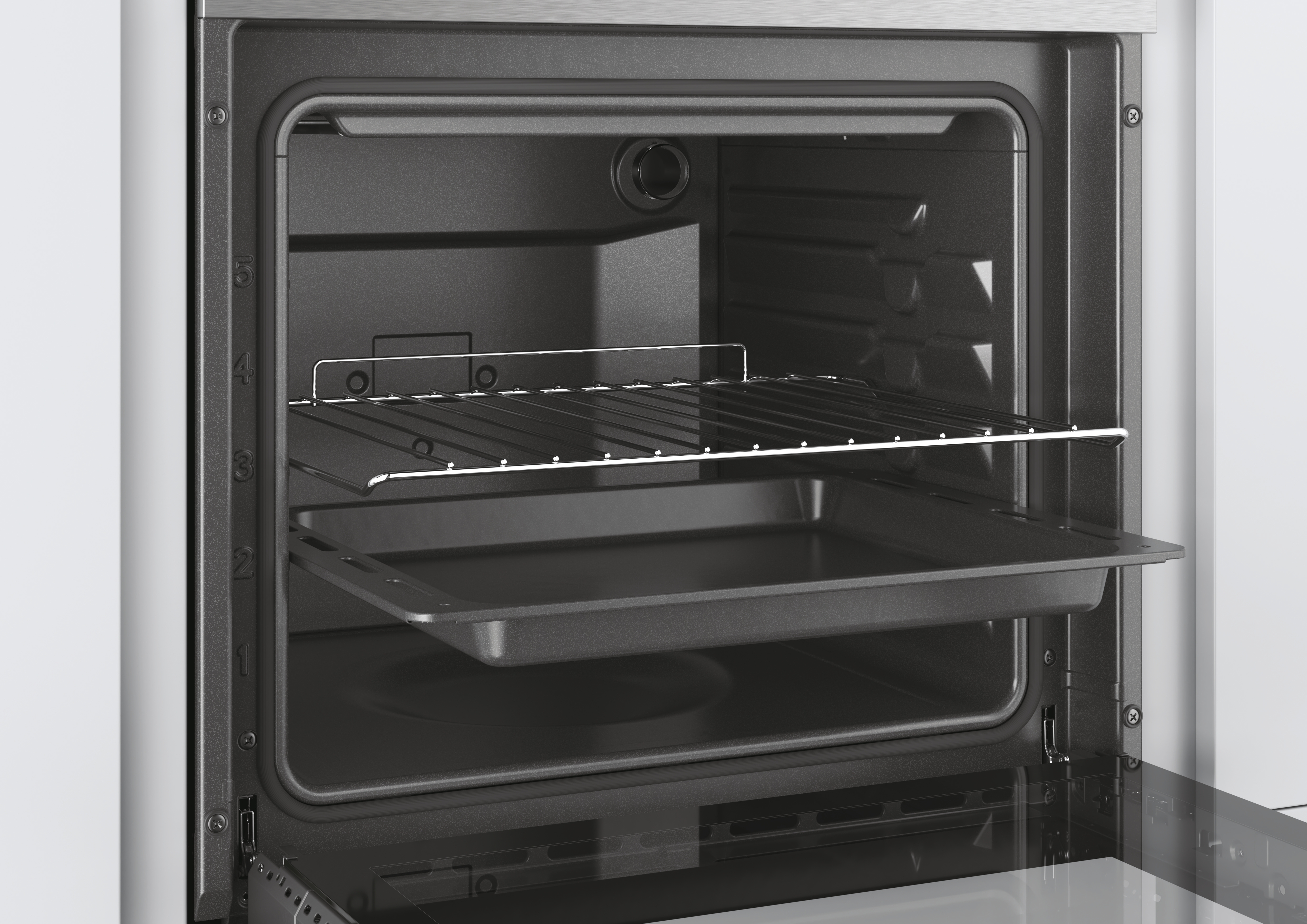 Interno di un forno con griglia e vassoio. La porta è aperta. Numeri visibili sul lato.
