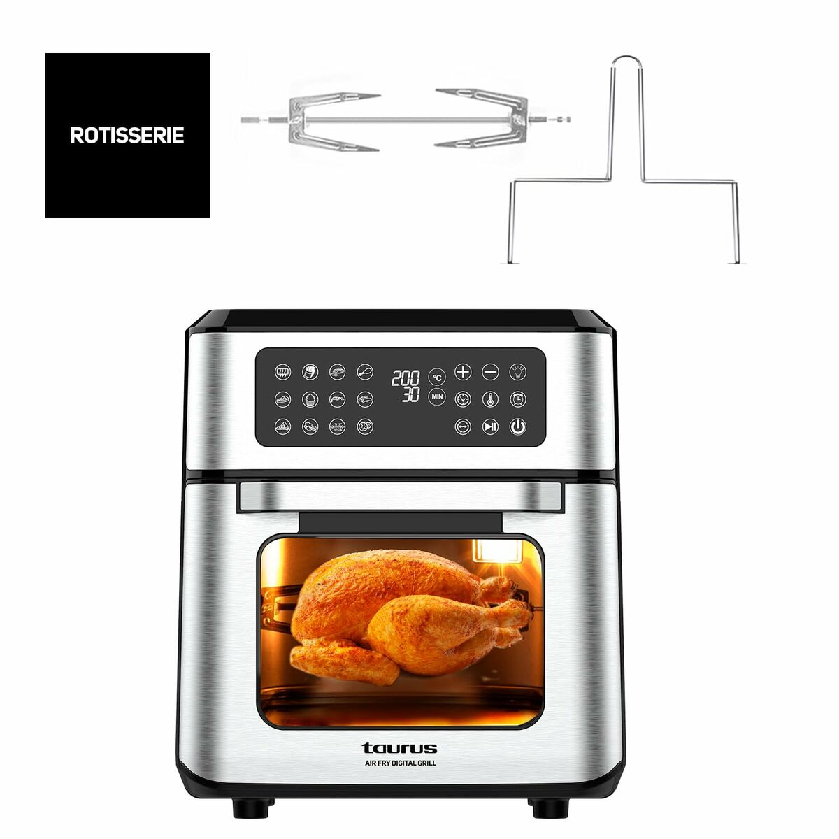 Frytownica powietrzna z kurczakiem obrotowym w środku. Urządzenie ma cyfrowy wyświetlacz i akcesoria.