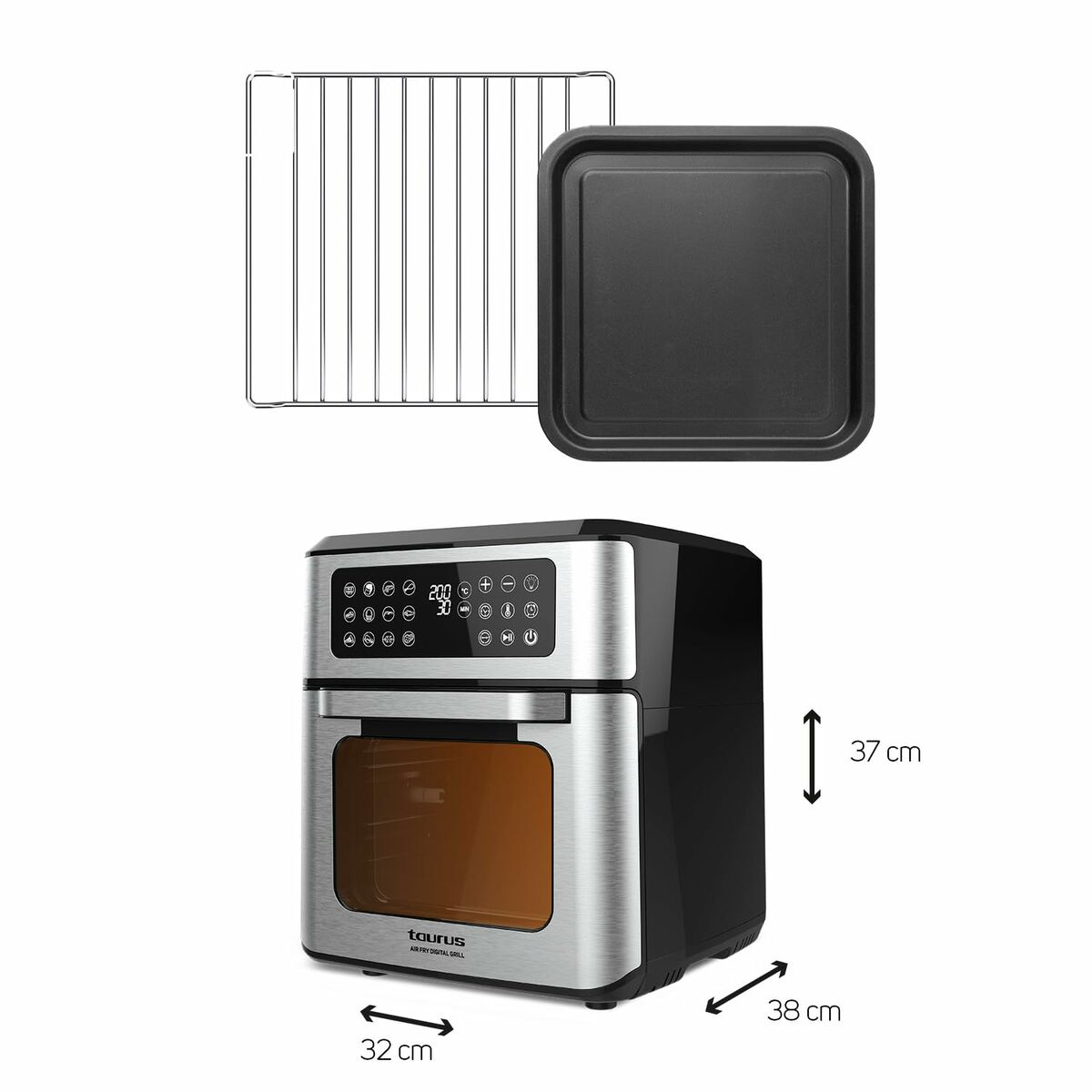 Frytownica powietrzna z akcesoriami, w tym rusztem i tacą. Jest srebrna i czarna. Wymiary są pokazane. Marka to Taurus.