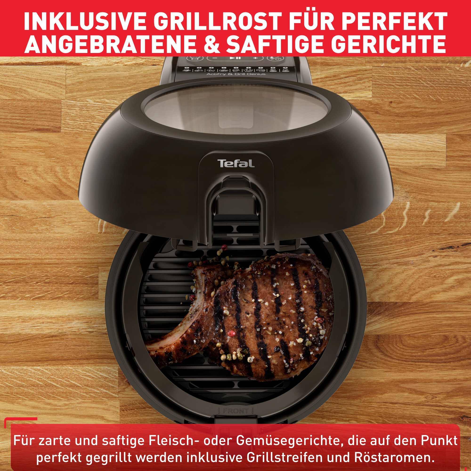 Czarny grill Tefal z grillowanym stekiem w środku. Drewniane tło. Tekst u góry i u dołu opisuje produkt.