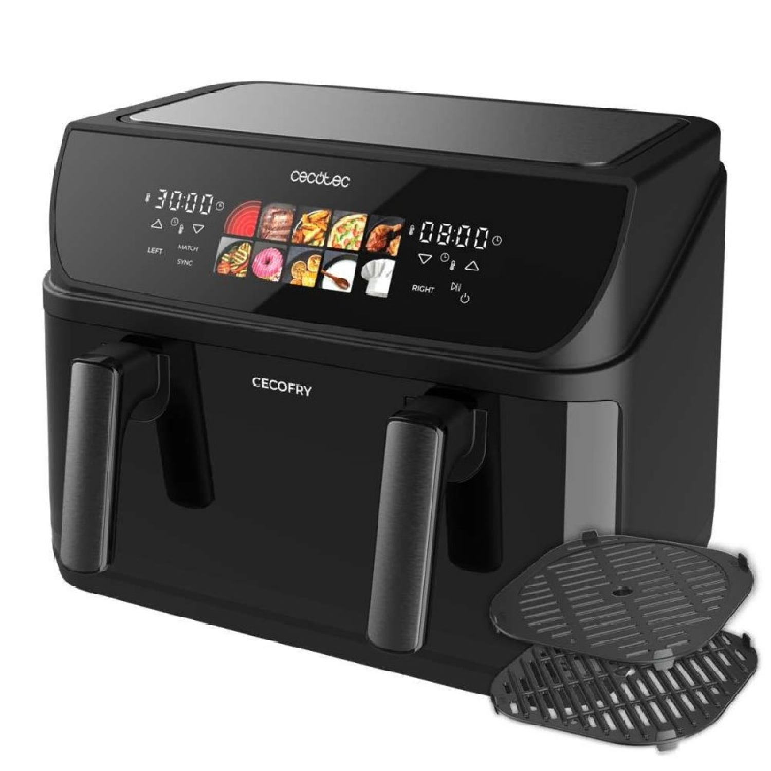Una friggitrice ad aria Cecotec nera con display digitale che mostra il tempo di cottura e le opzioni preimpostate, con due maniglie e due vassoi.