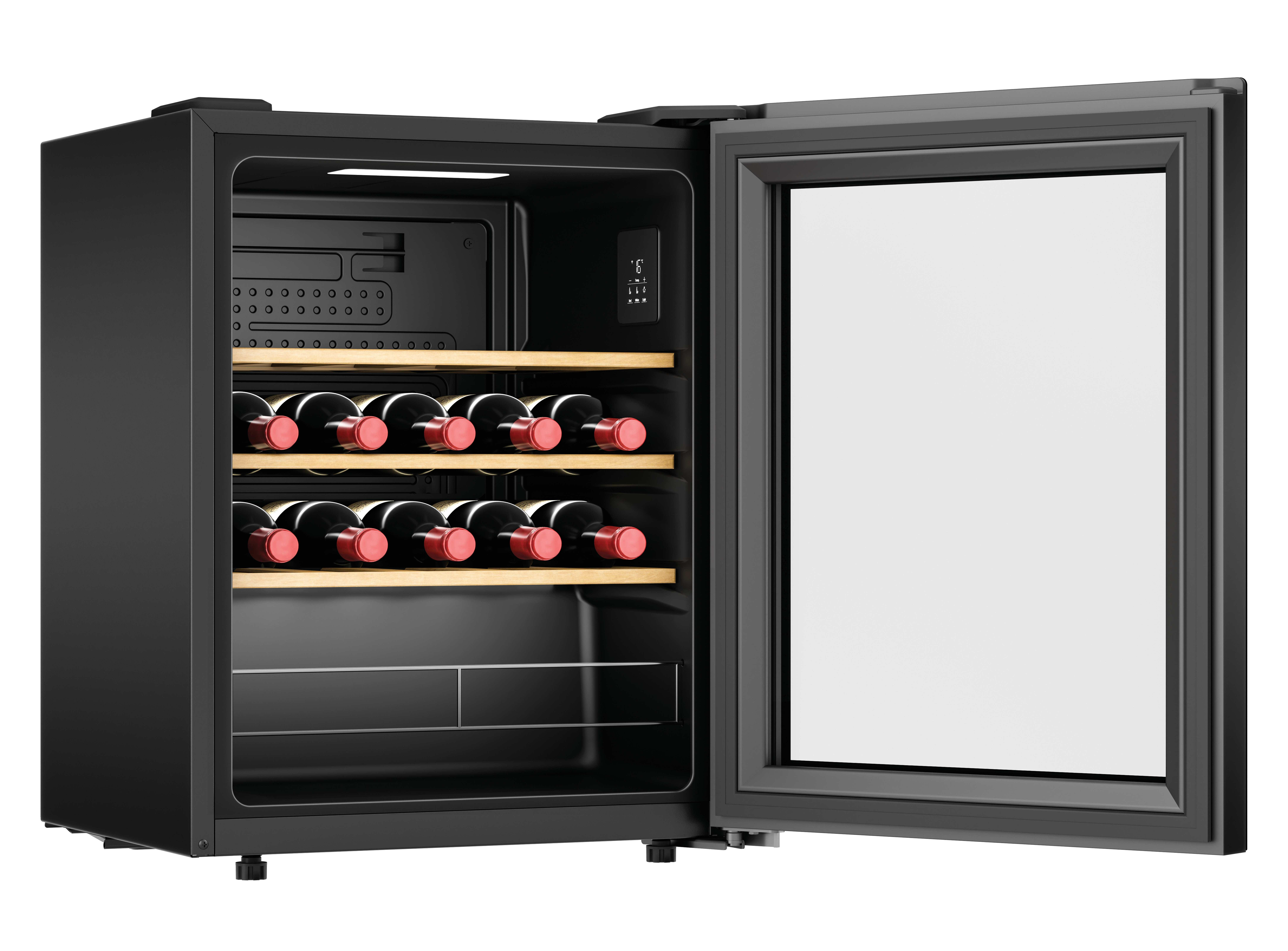 Czarna chłodziarka do wina z otwartymi drzwiami. W środku butelki wina z czerwonymi zakrętkami na drewnianych półkach.