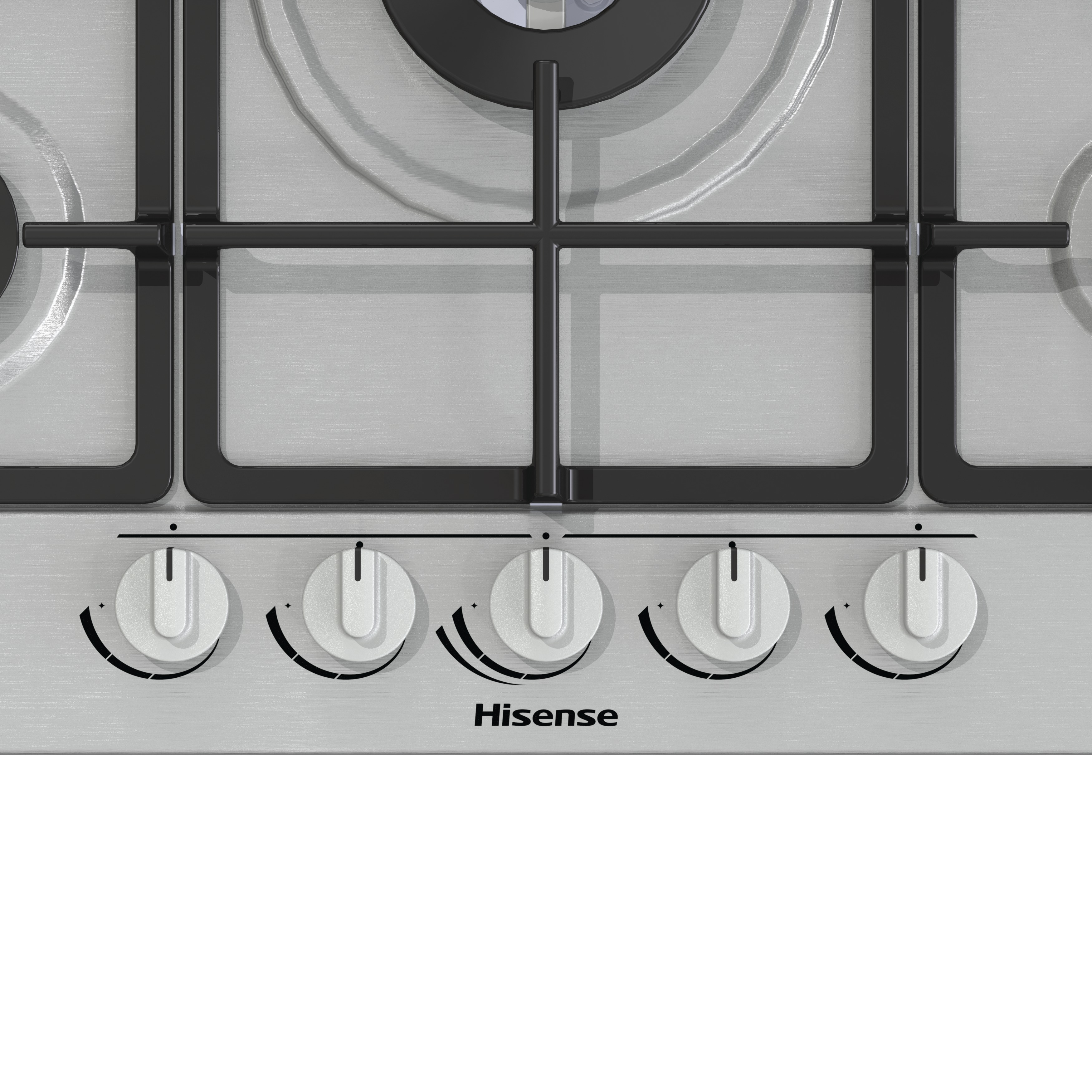 Zbliżenie na gazową płytę ze stali nierdzewnej z czarnymi rusztami i białymi pokrętłami. Widoczna nazwa marki Hisense.
