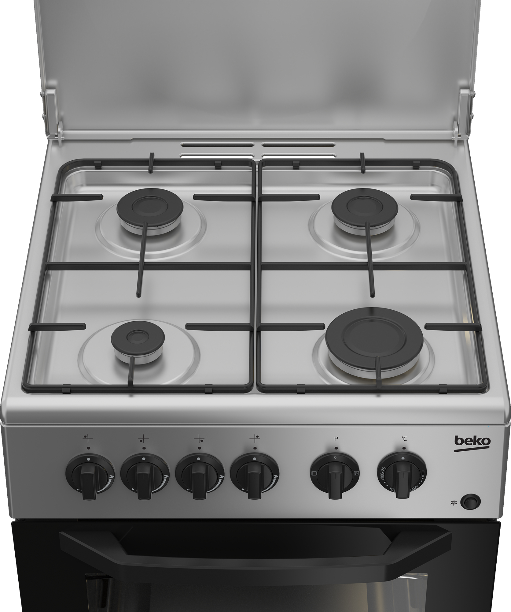 Un fornello a gas argentato con quattro bruciatori, manopole nere, una porta del forno nera e un coperchio in acciaio inossidabile.