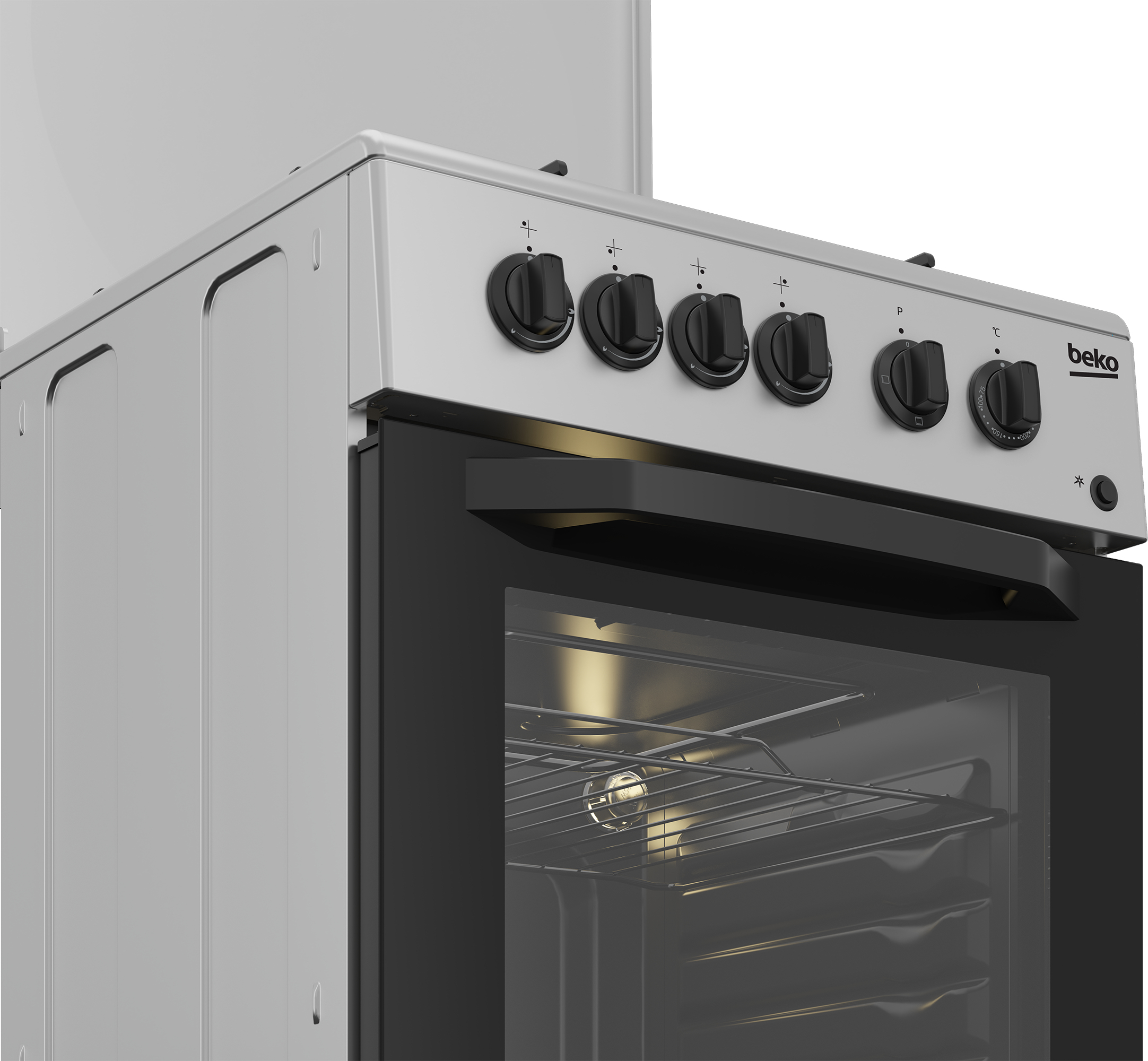 Primo piano di un forno Beko argentato. Sono visibili manopole nere e una porta nera. L'interno del forno ha griglie metalliche.