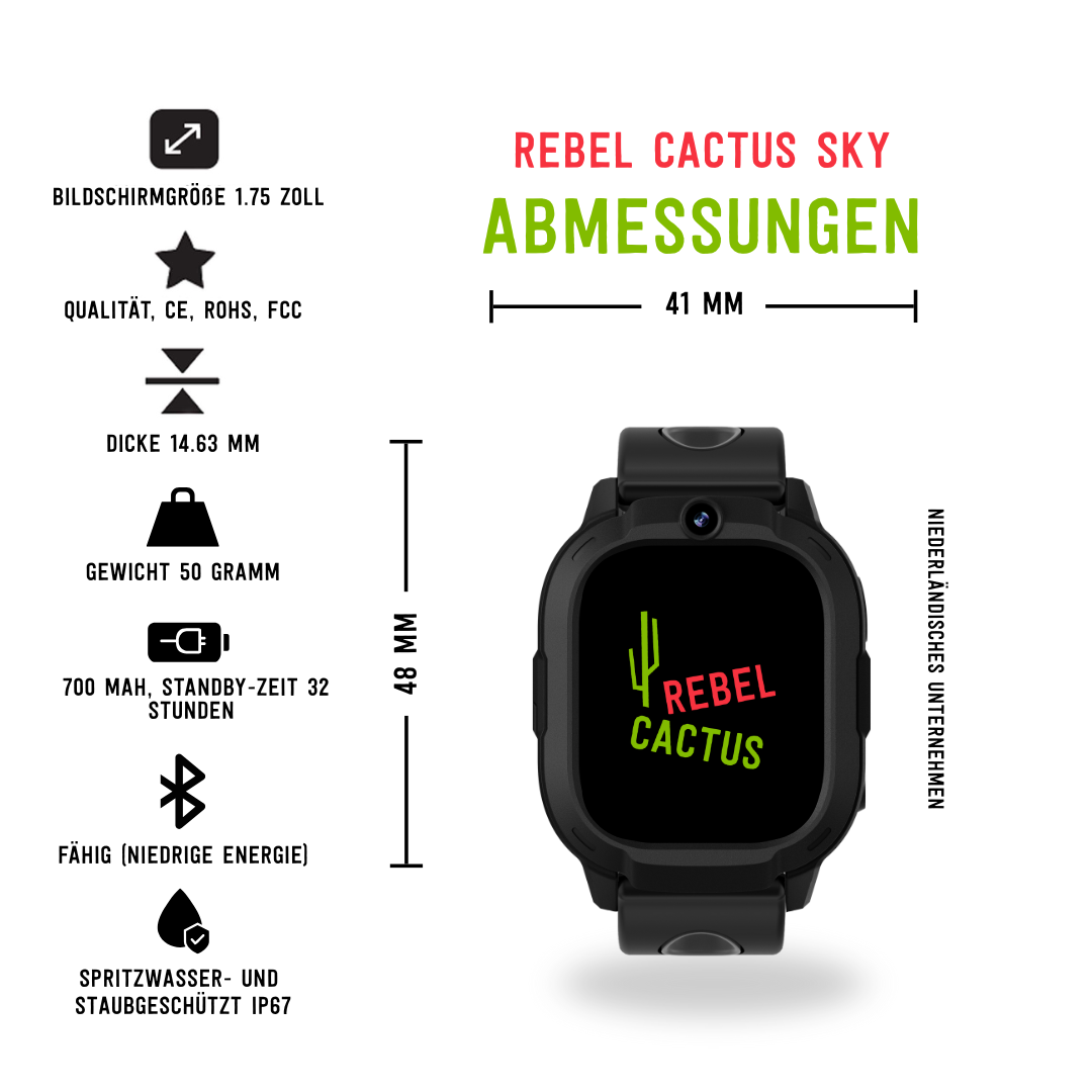 Reloj inteligente Rebel Cactus negro con logo verde y rojo, dimensiones y especificaciones en un fondo blanco.