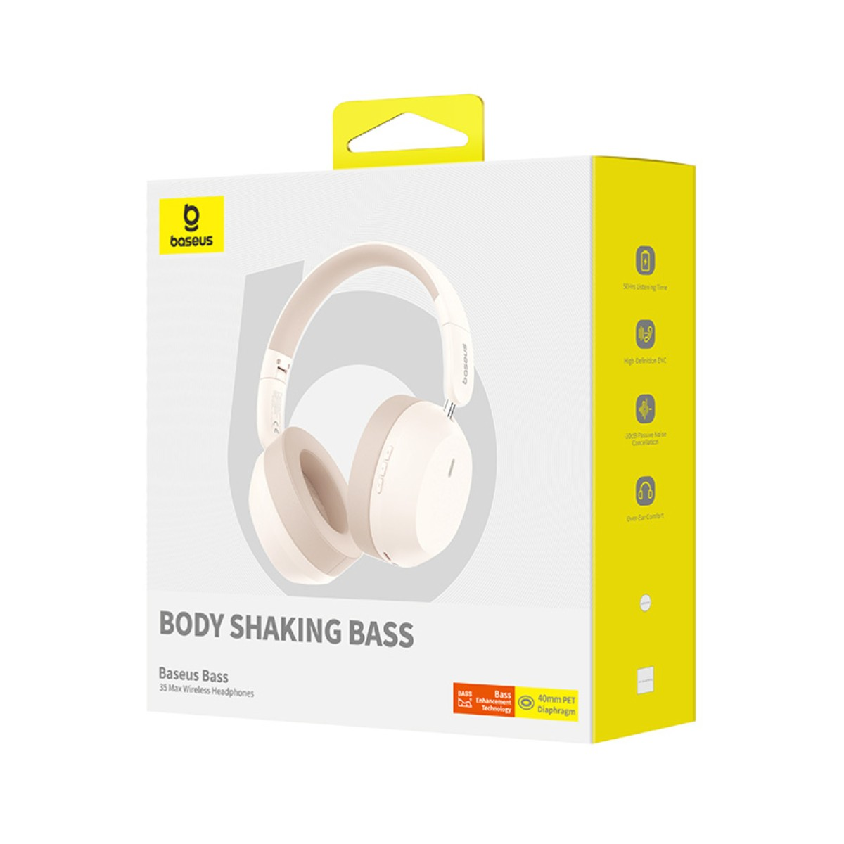 Een doos toont Baseus Bass-hoofdtelefoons. De hoofdtelefoon is crèmekleurig met een witte hoofdband. Tekst op de doos benadrukt kenmerken en merk.