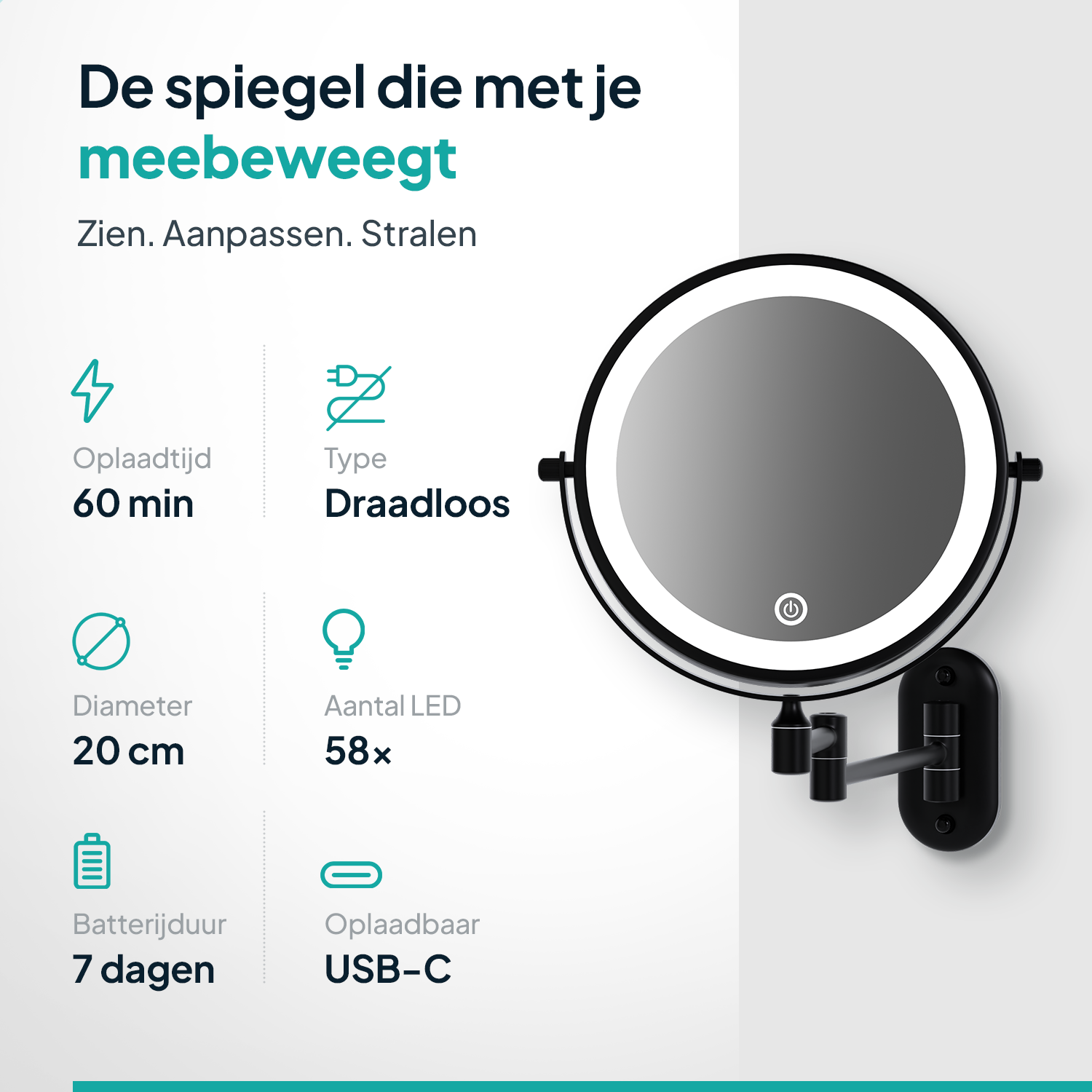 Een ronde, zwart omlijste spiegel met LED-verlichting, aan de muur bevestigd. Hij heeft een aan/uit-knop en specificaties: 60 min opladen, draadloos, 20 cm diameter, 58 LEDs.