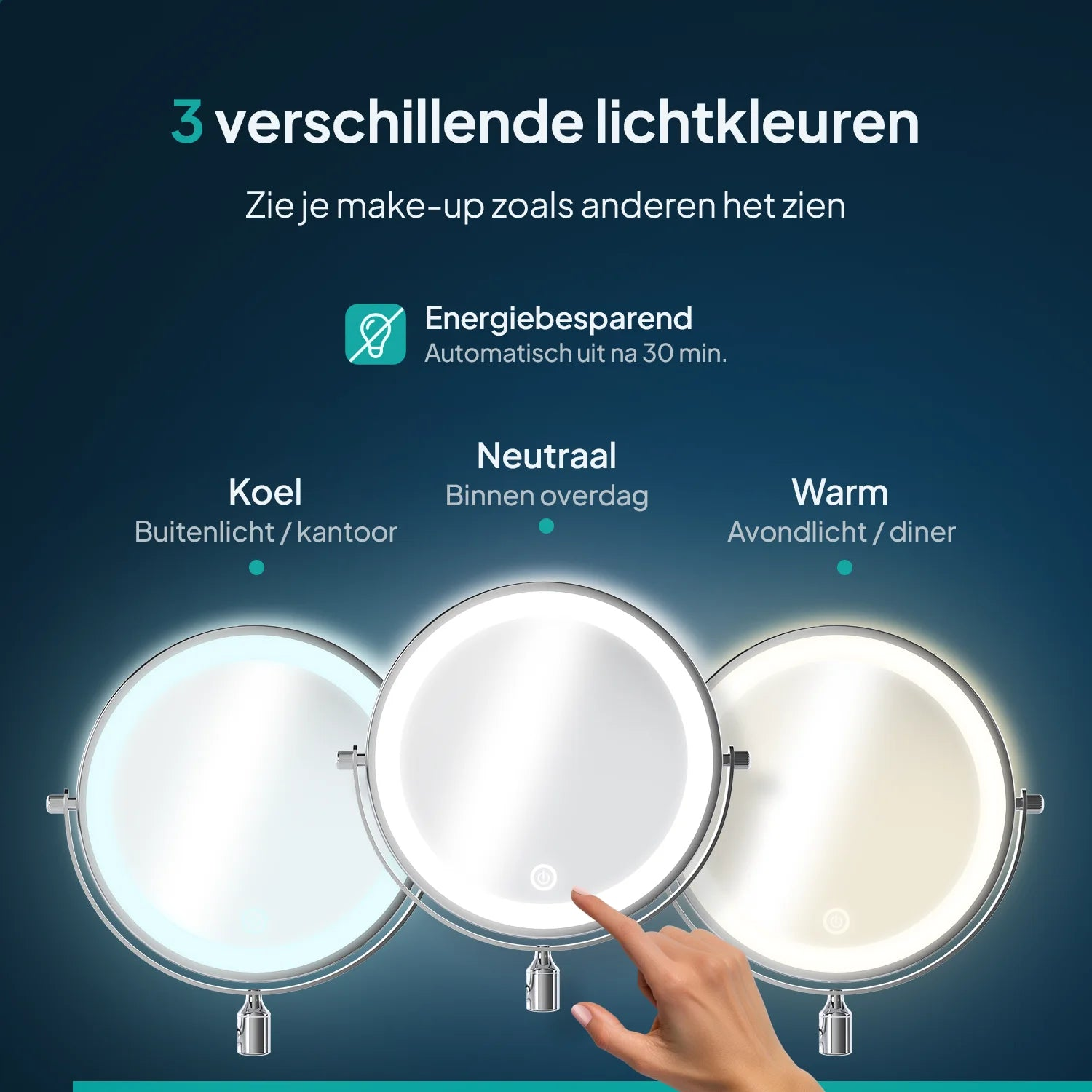 Afbeelding toont drie verlichte make-up spiegels met verschillende lichtkleuren: koel, neutraal en warm. Een hand raakt het neutrale licht aan.