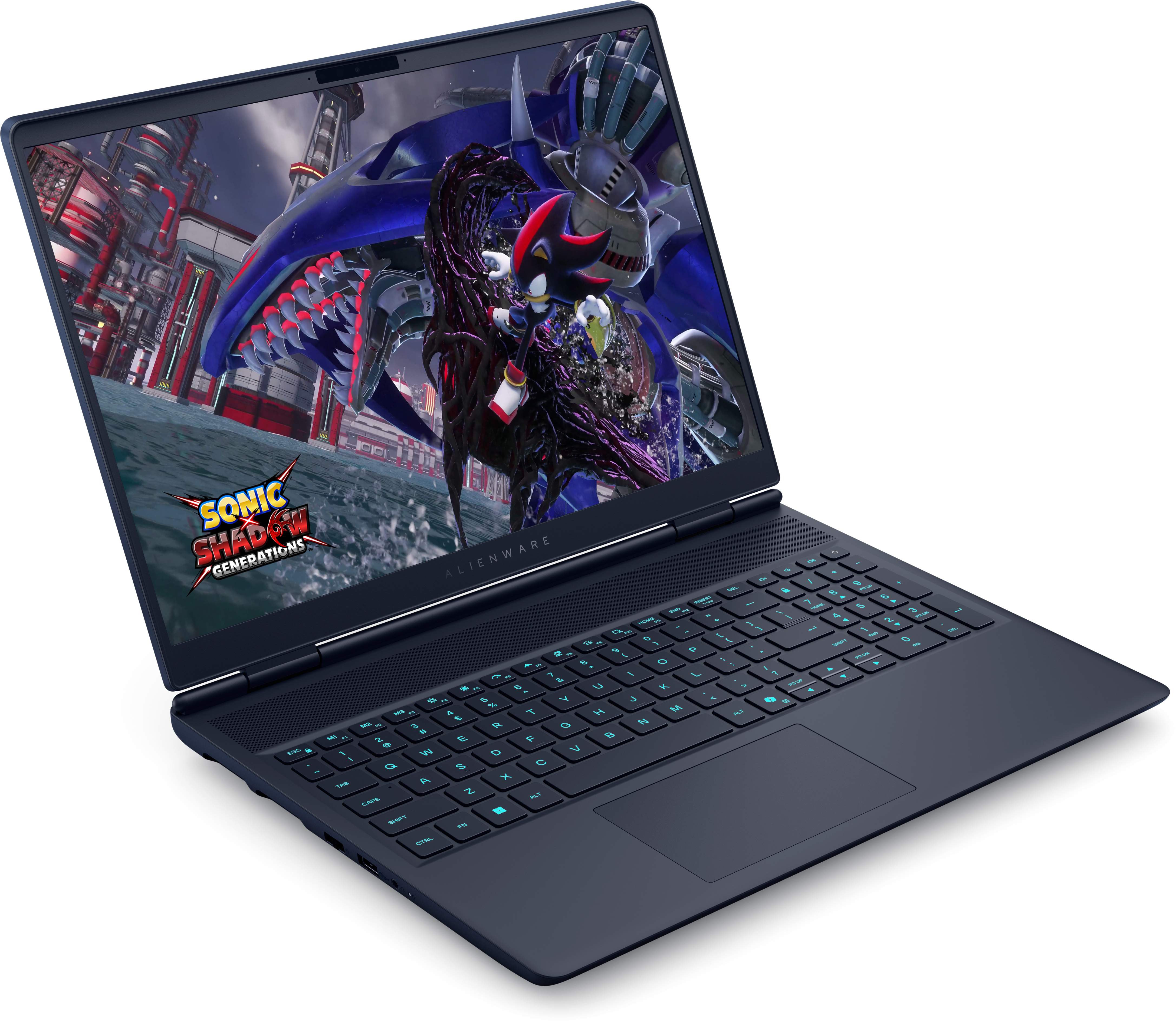 Un laptop mostra un gioco di Sonic. La tastiera è visibile. Il logo Alienware è sul laptop.