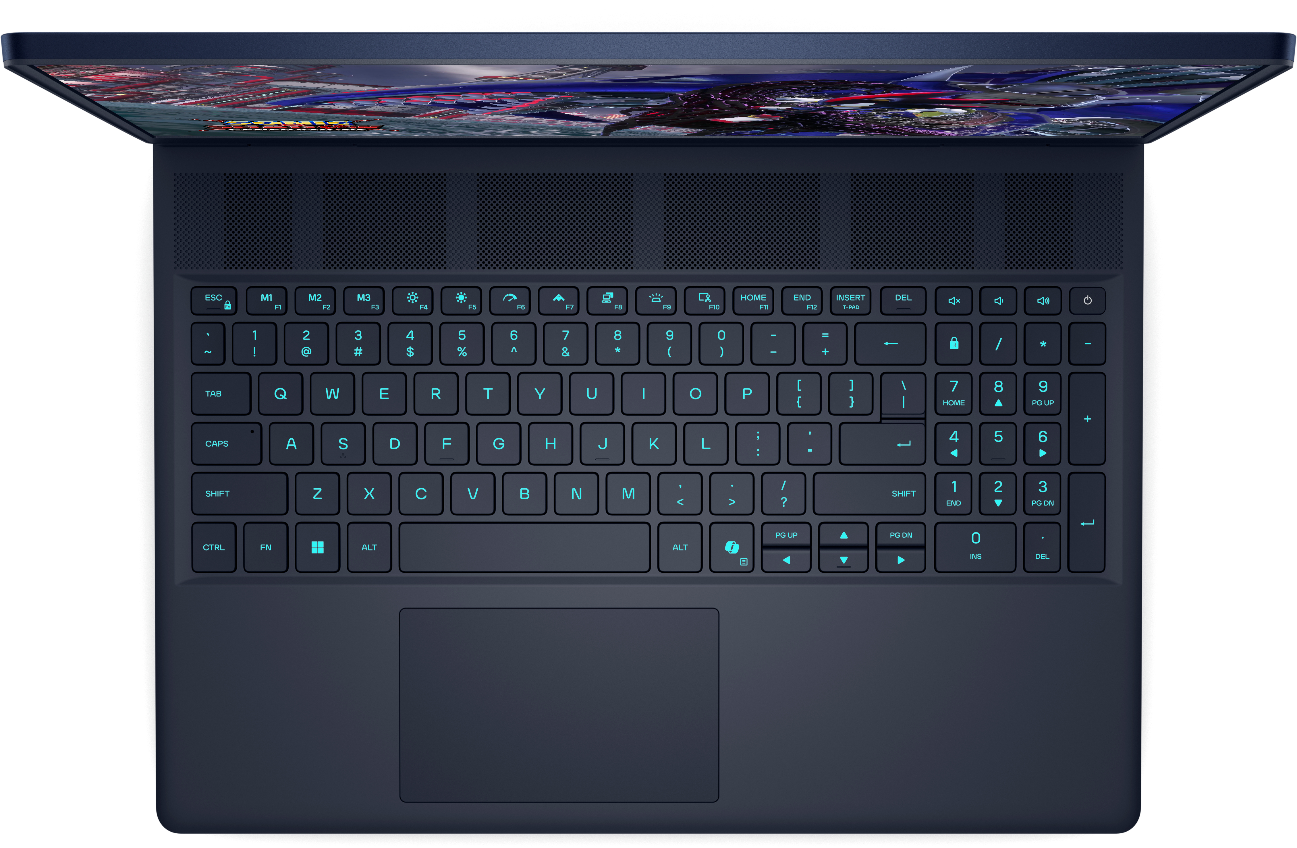 Vista dall'alto di un laptop blu scuro con tastiera illuminata e schermo con grafica colorata.