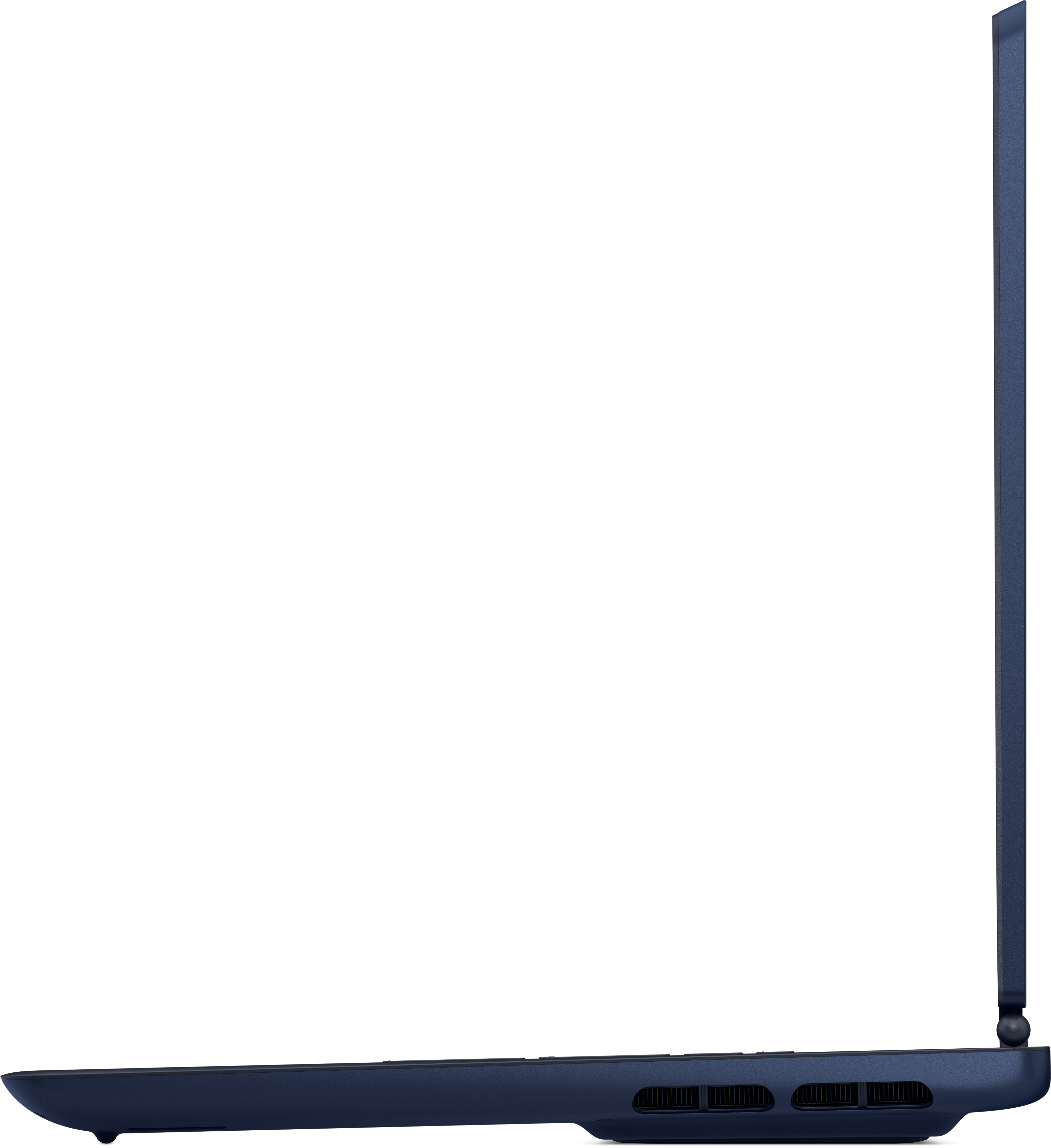Vista laterale di un laptop blu navy. Lo schermo è chiuso. Lo sfondo è bianco.