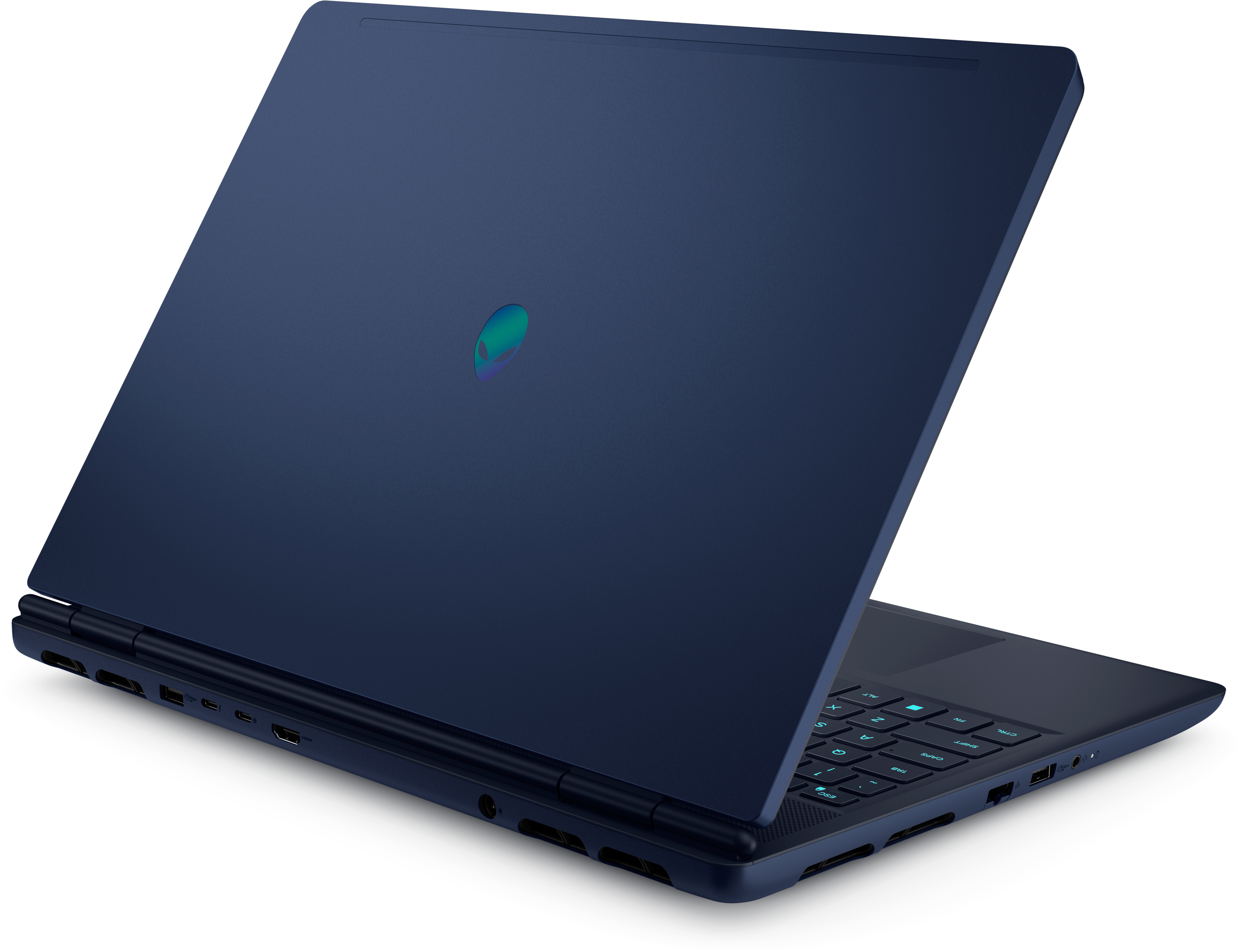 Laptop blu navy su sfondo bianco. Il coperchio è aperto, mostrando la tastiera. Il logo Alienware è sul coperchio.