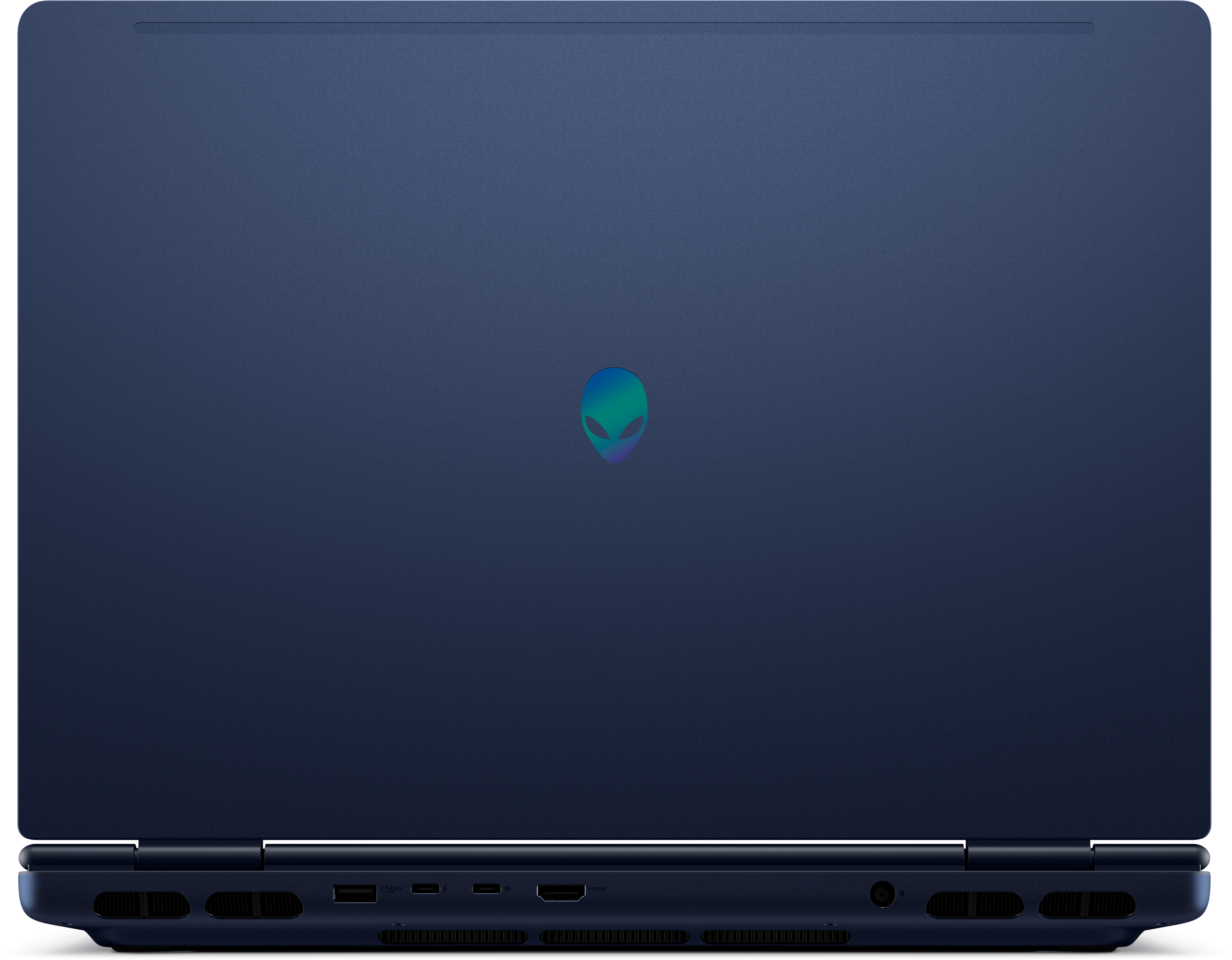 Laptop blu scuro, chiuso, con logo Alienware al centro. Porte visibili in basso.