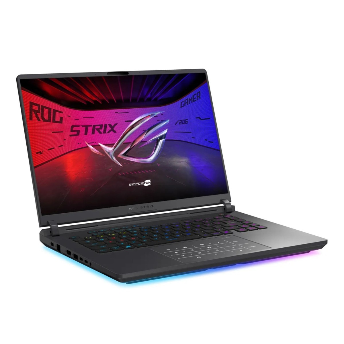Un laptop da gioco ROG Strix nero è aperto. Lo schermo mostra un logo e la tastiera è illuminata da luci multicolore.