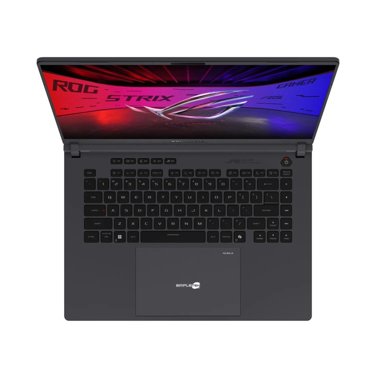 Un laptop aperto con tastiera, touchpad e schermo. Lo schermo mostra il marchio ROG e STRIX. La tastiera è illuminata.