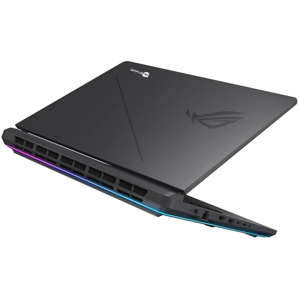 Un laptop nero con il coperchio leggermente aperto. Il bordo inferiore ha luci colorate. Il logo è visibile in alto.