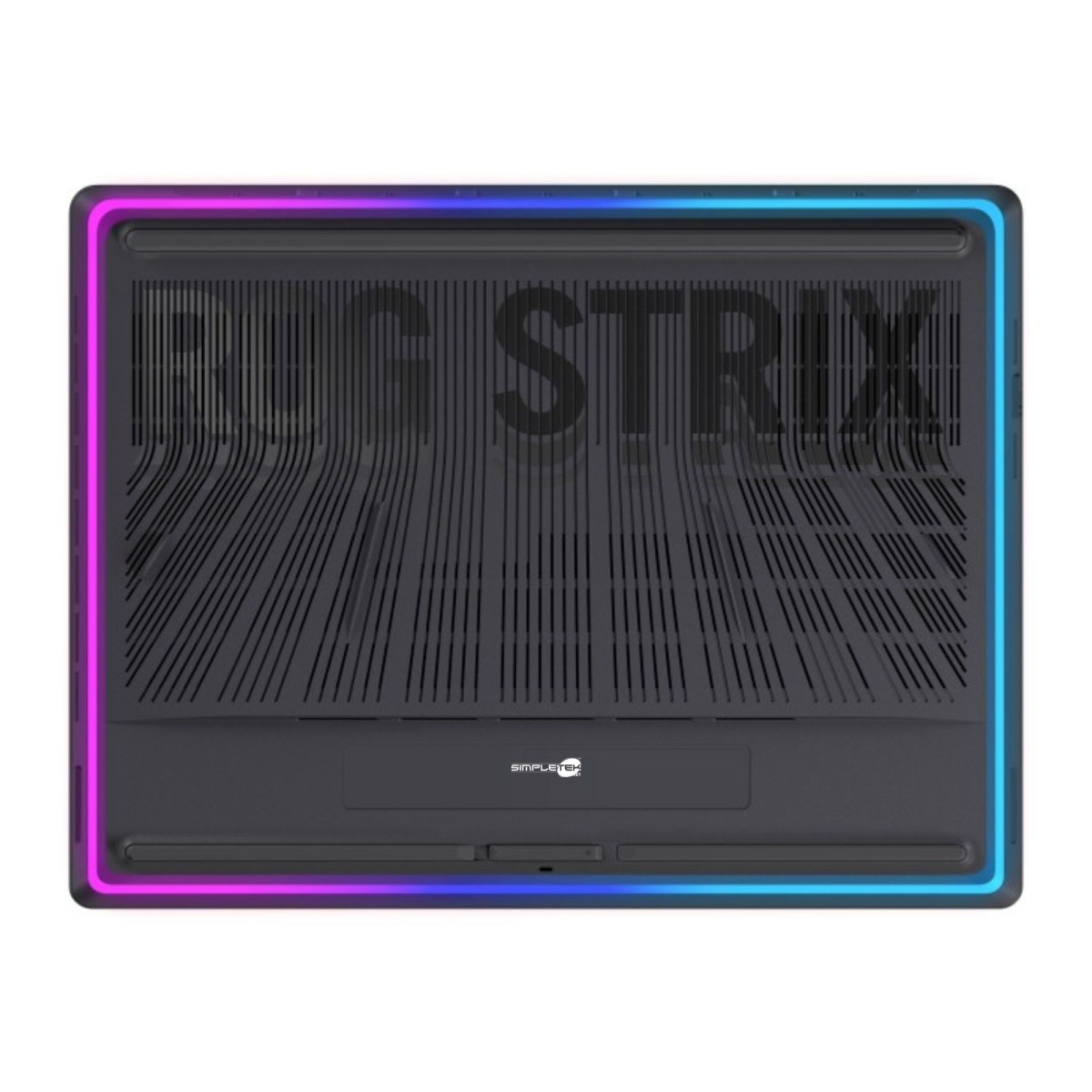 Una base per laptop grigio scuro con testo 'ROG STRIX'. Ha un bordo rosa e blu brillante. La base ha prese d'aria e il logo SimpleTech.