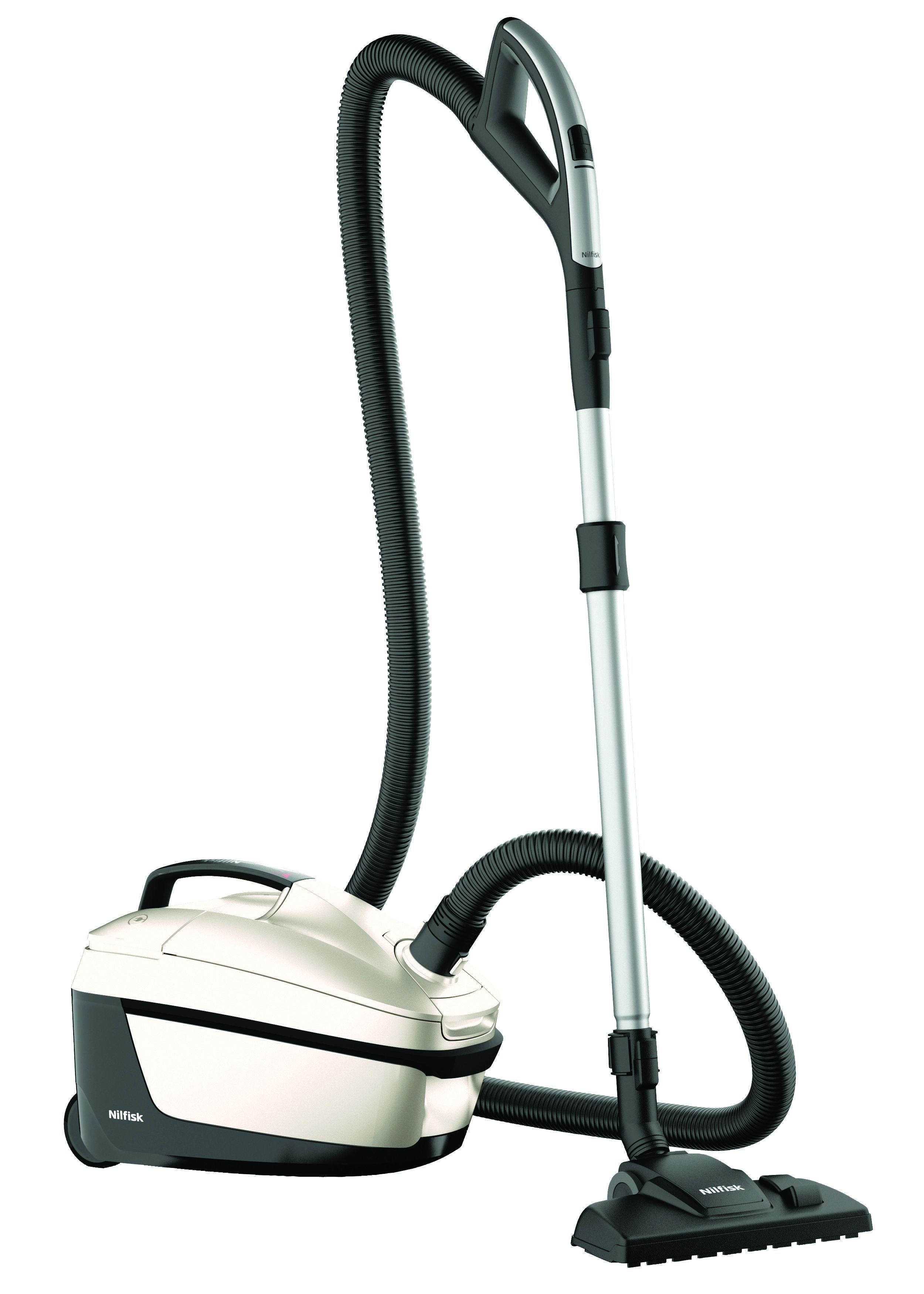 A white and black Nilfisk vacuum cleaner. It has a hose and wand with a floor brush. The background is white.