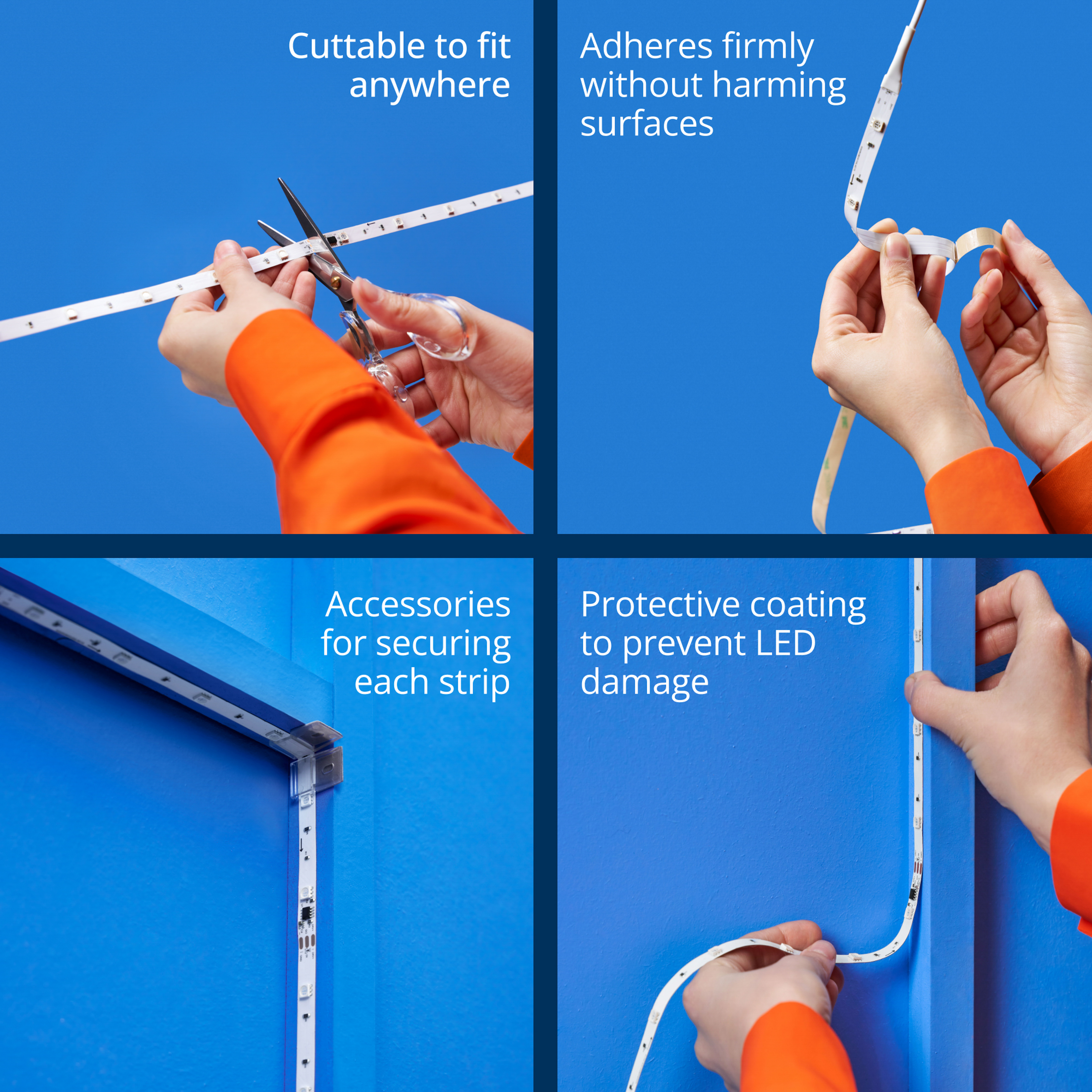 Hands cut a white LED strip with scissors. Another hand peels off adhesive. The strip is placed on a blue wall.