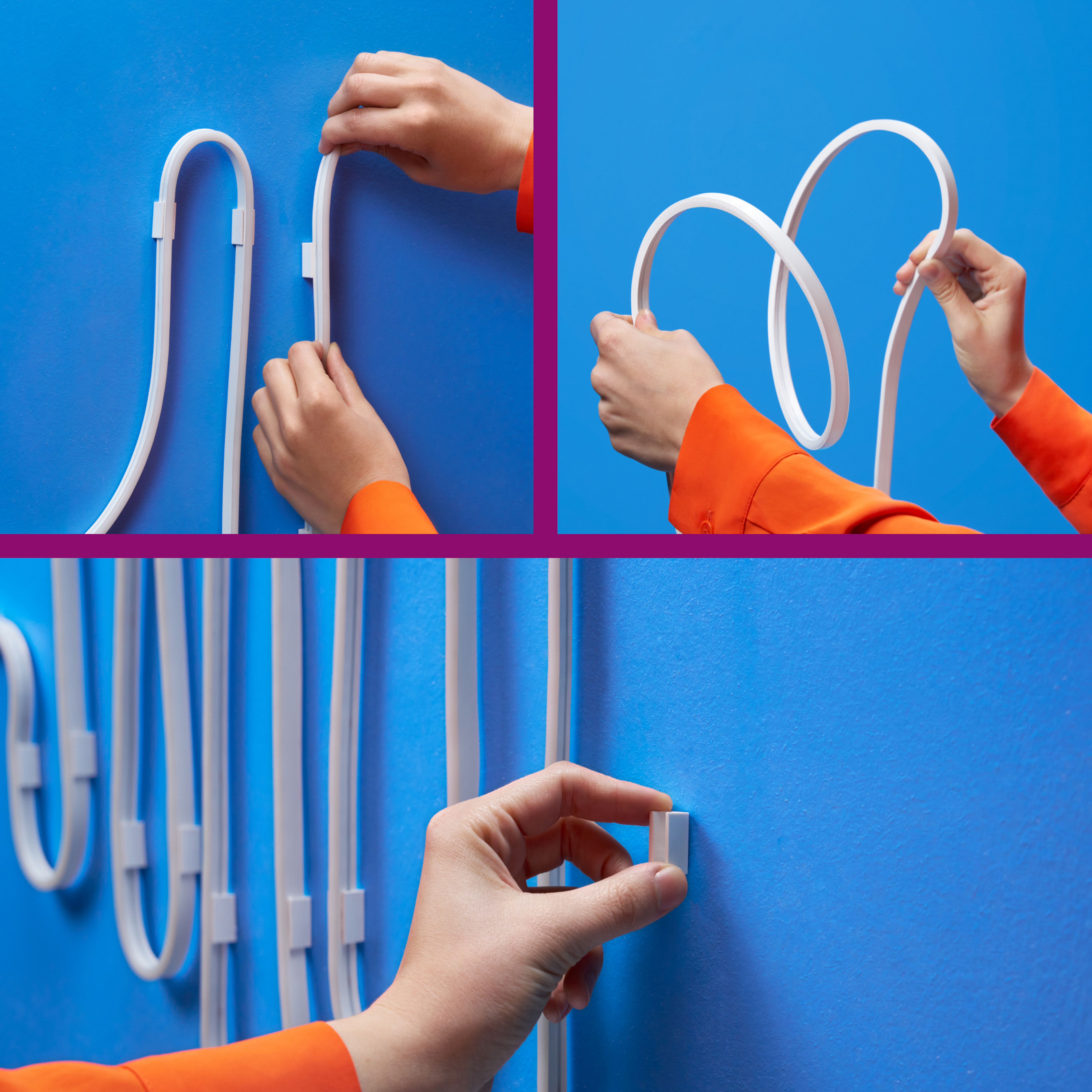 Hands install white LED strip lights on a blue wall. The strips are bent into shapes and held by clips.