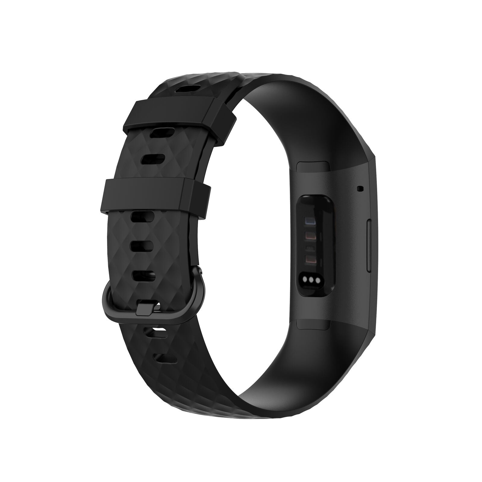 Ein schwarzer Fitnesstracker mit diamantgemustertem Armband und einem Bildschirm.