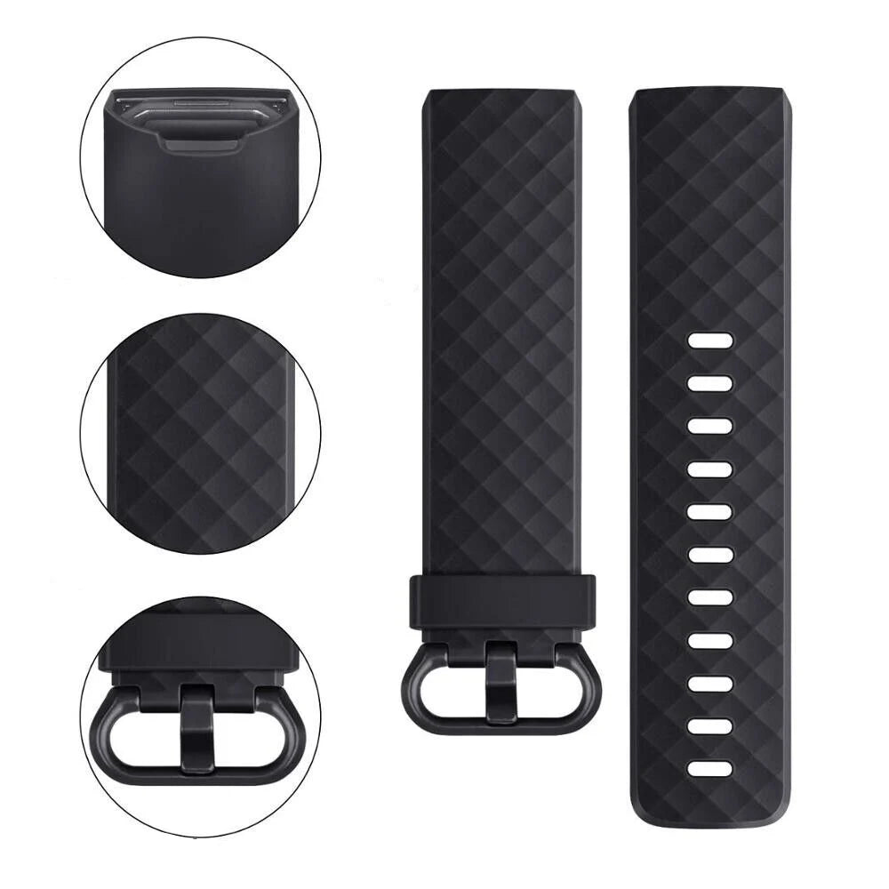 Schwarze Smartwatch-Bandteile. Enthält Nahaufnahmen von Verschluss, Bandstruktur und Verbindungspunkten. Alles ist schwarz.