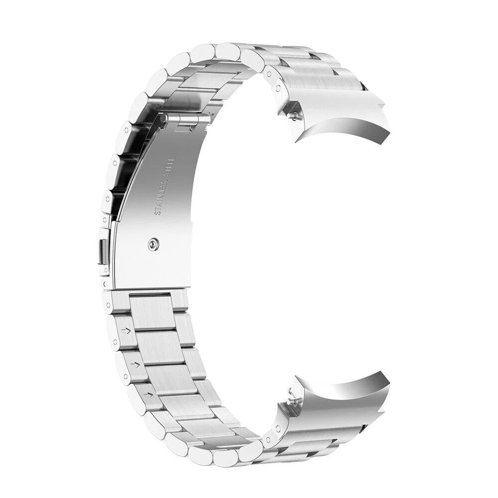 Ein silbernes Edelstahl-Uhrenarmband. Das Armband hat eine C-Form, mit dem Text "STAINLESS STEEL" sichtbar.