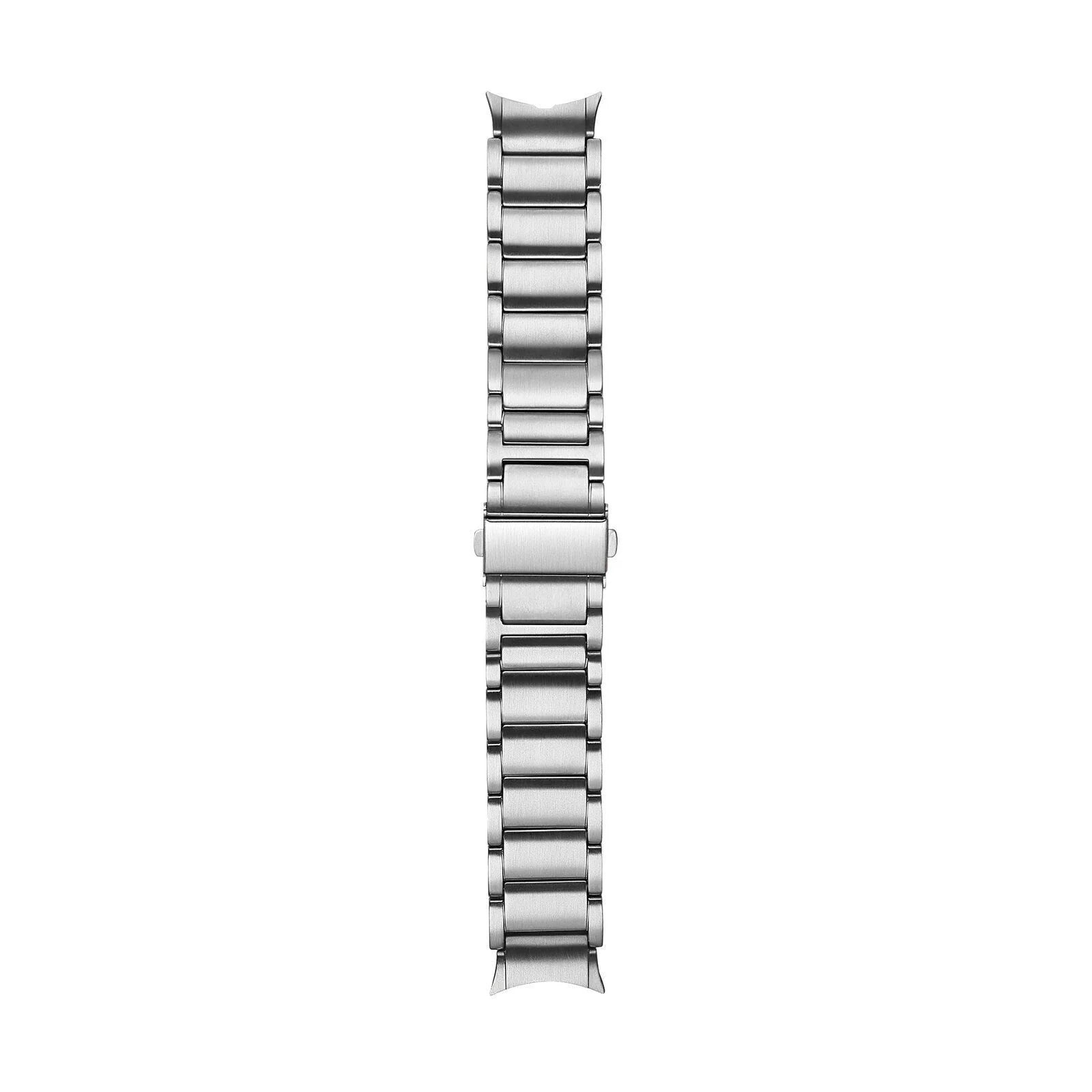 Ein silbernes Metalluhrenarmband, isoliert auf weißem Hintergrund. Das Armband besteht aus rechteckigen Gliedern.